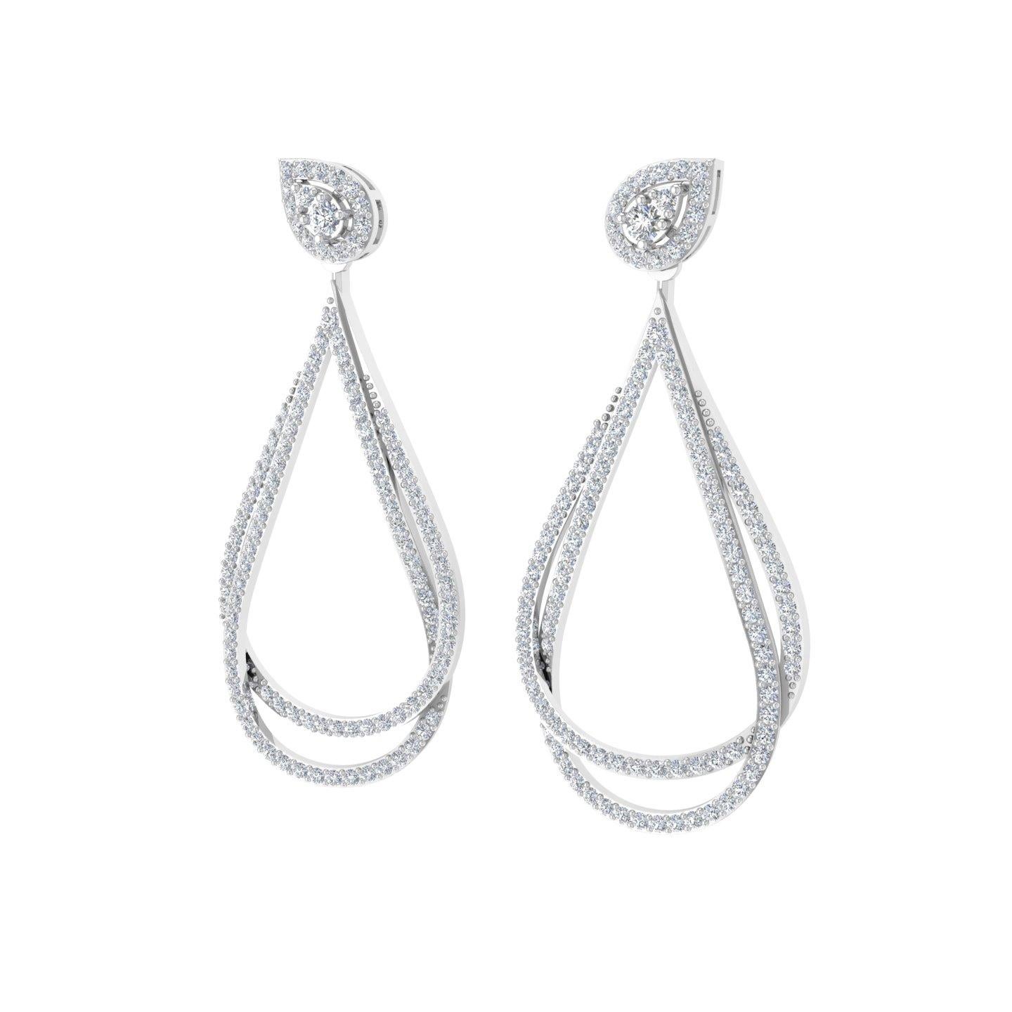 Round Cut Real 1.80 Carat SI Clarity HI Color Diamond Dangle Earrings 18 Karat White Gold For Sale