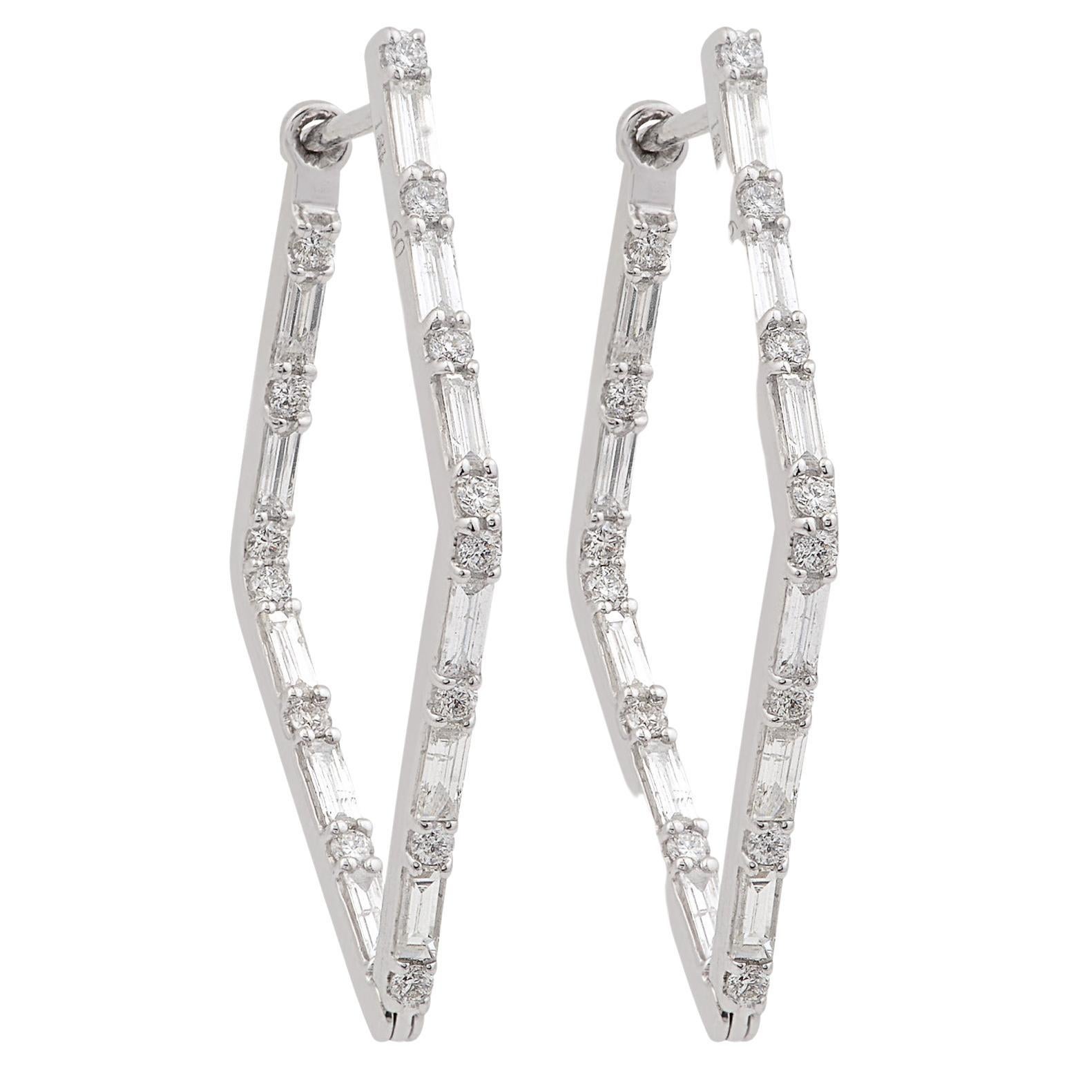 Real 1.80 Carat SI/HI Baguette Diamond Kite Design Hoop Earrings 18k White Gold For Sale
