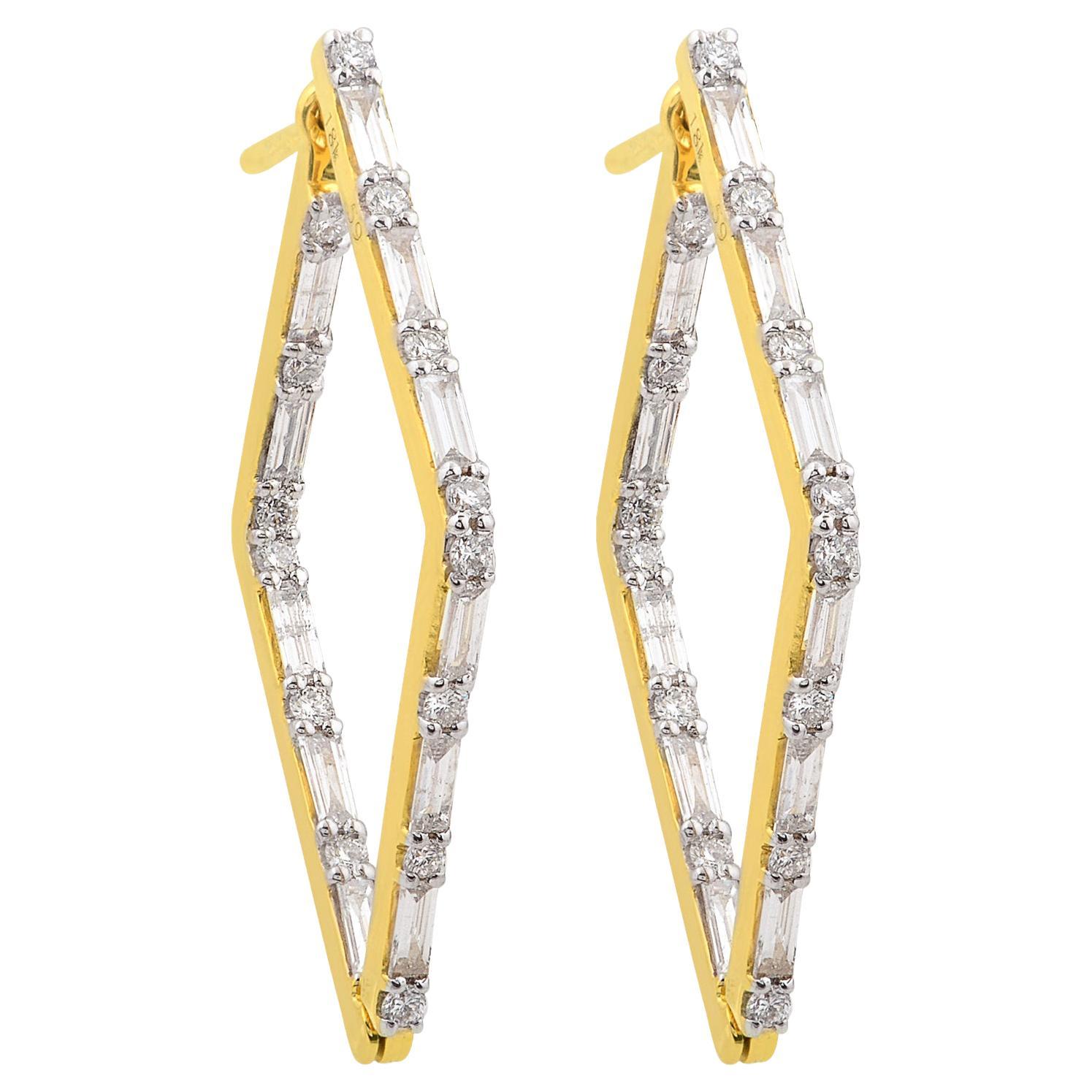 Real 1.80 Carat SI/HI Baguette Diamond Kite Design Hoop Earrings 18k Yellow Gold For Sale