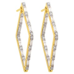 Real 1.80 Carat SI/HI Baguette Diamond Kite Design Hoop Earrings 18k Yellow Gold