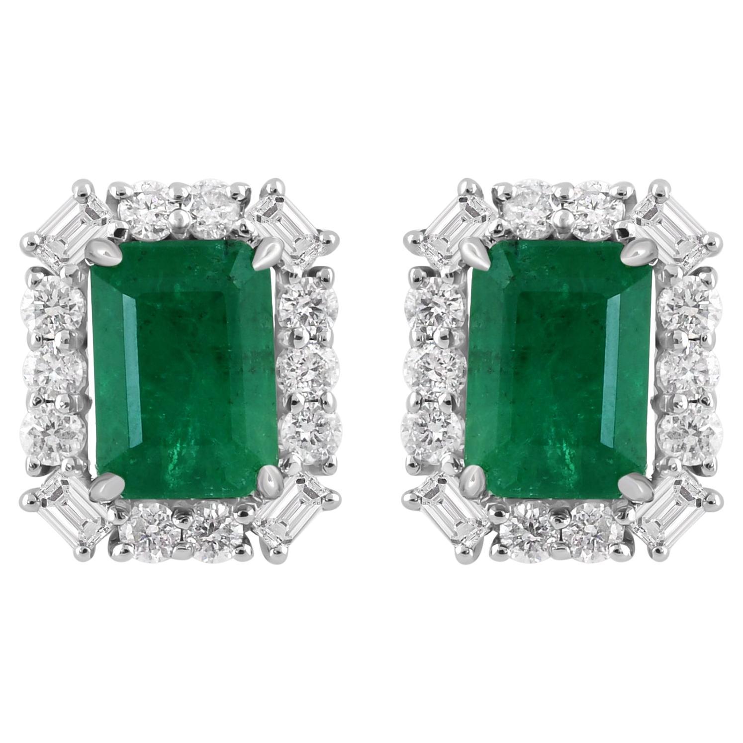Real 1.81 Carat Zambian Emerald Earrings 0.60 Carat Diamond 18 Karat White Gold