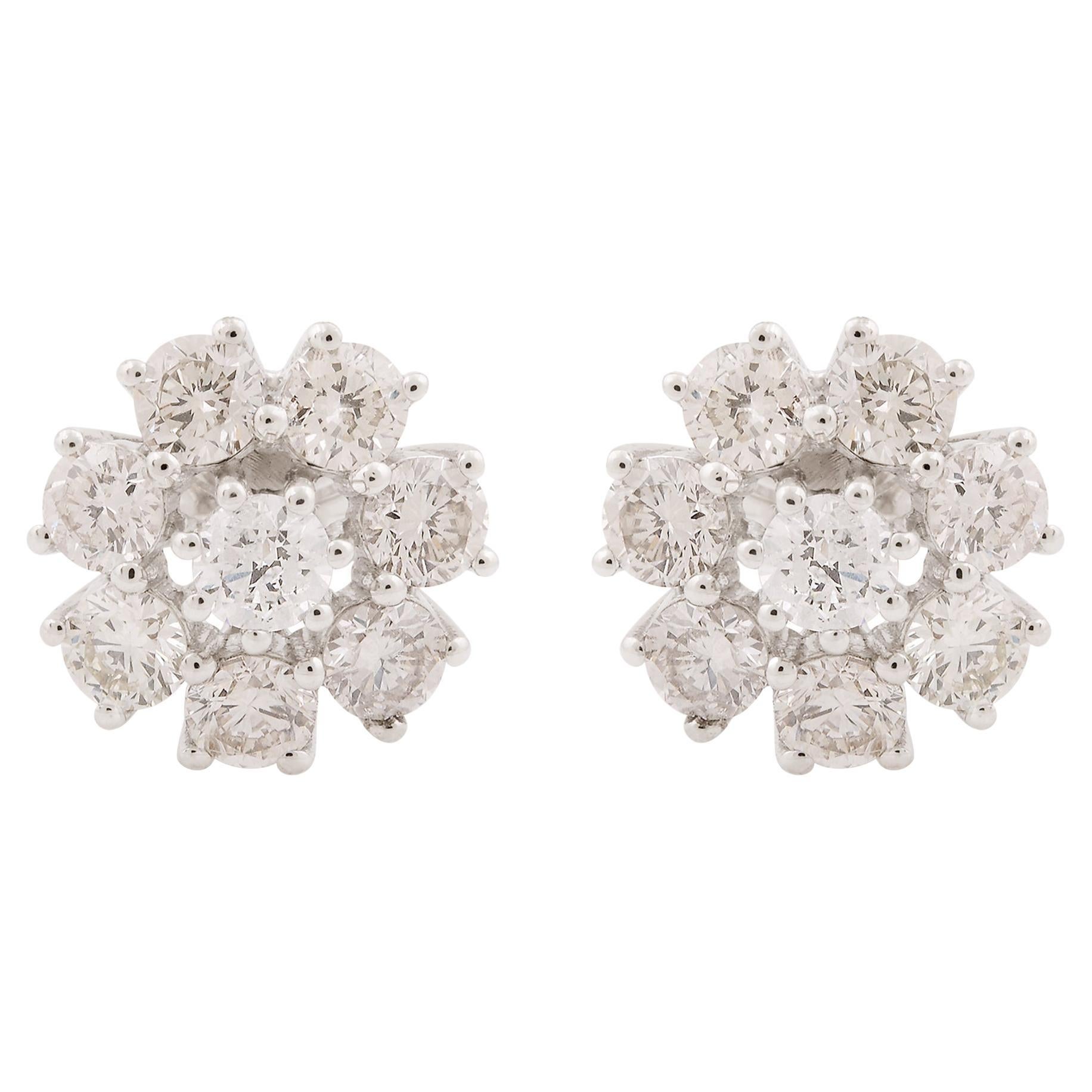 Real 1.83 Carat SI Clarity HI Color Diamond Floral Stud Earrings 14k White Gold For Sale