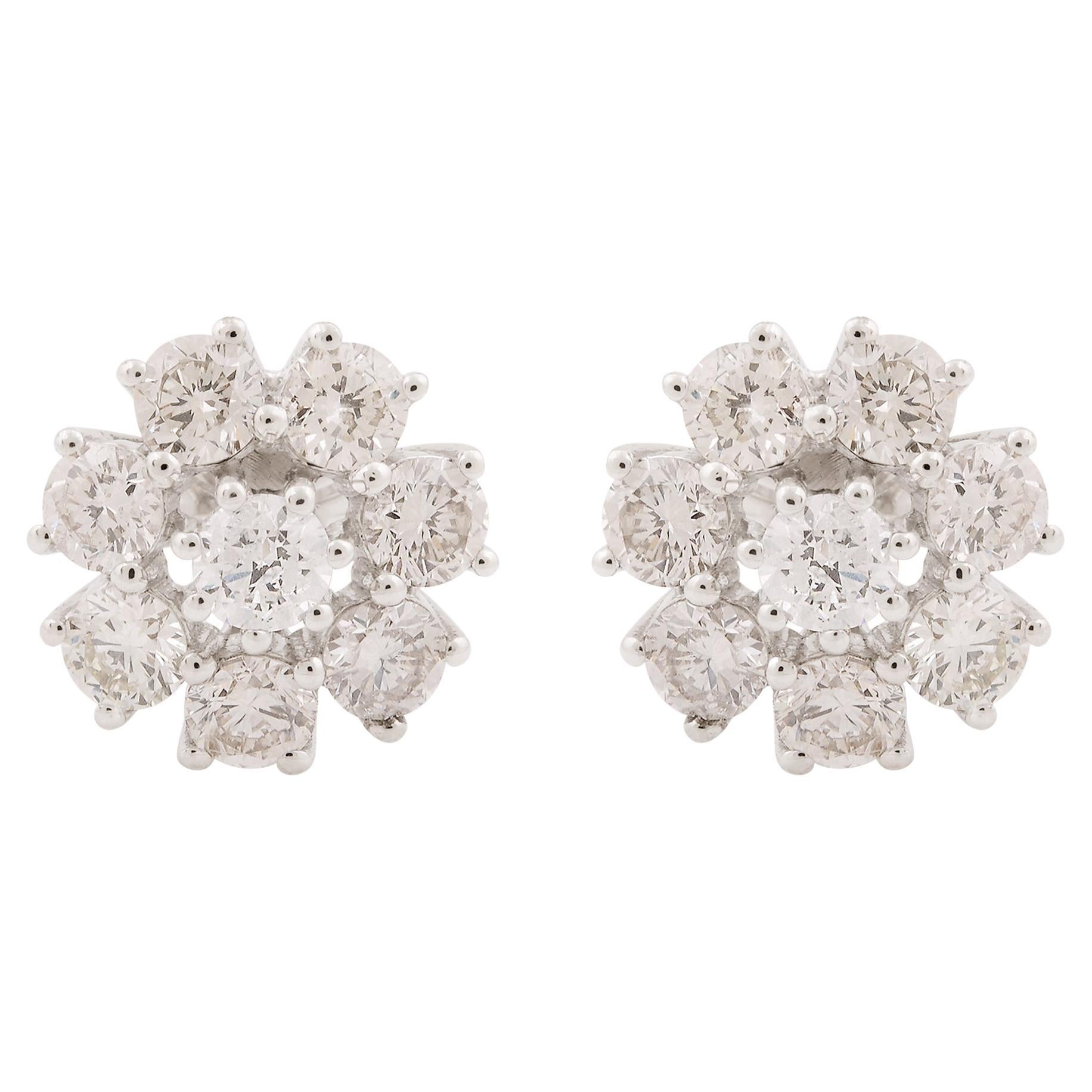 Real 1.83 Carat SI Clarity HI Color Diamond Floral Stud Earrings 14k White Gold