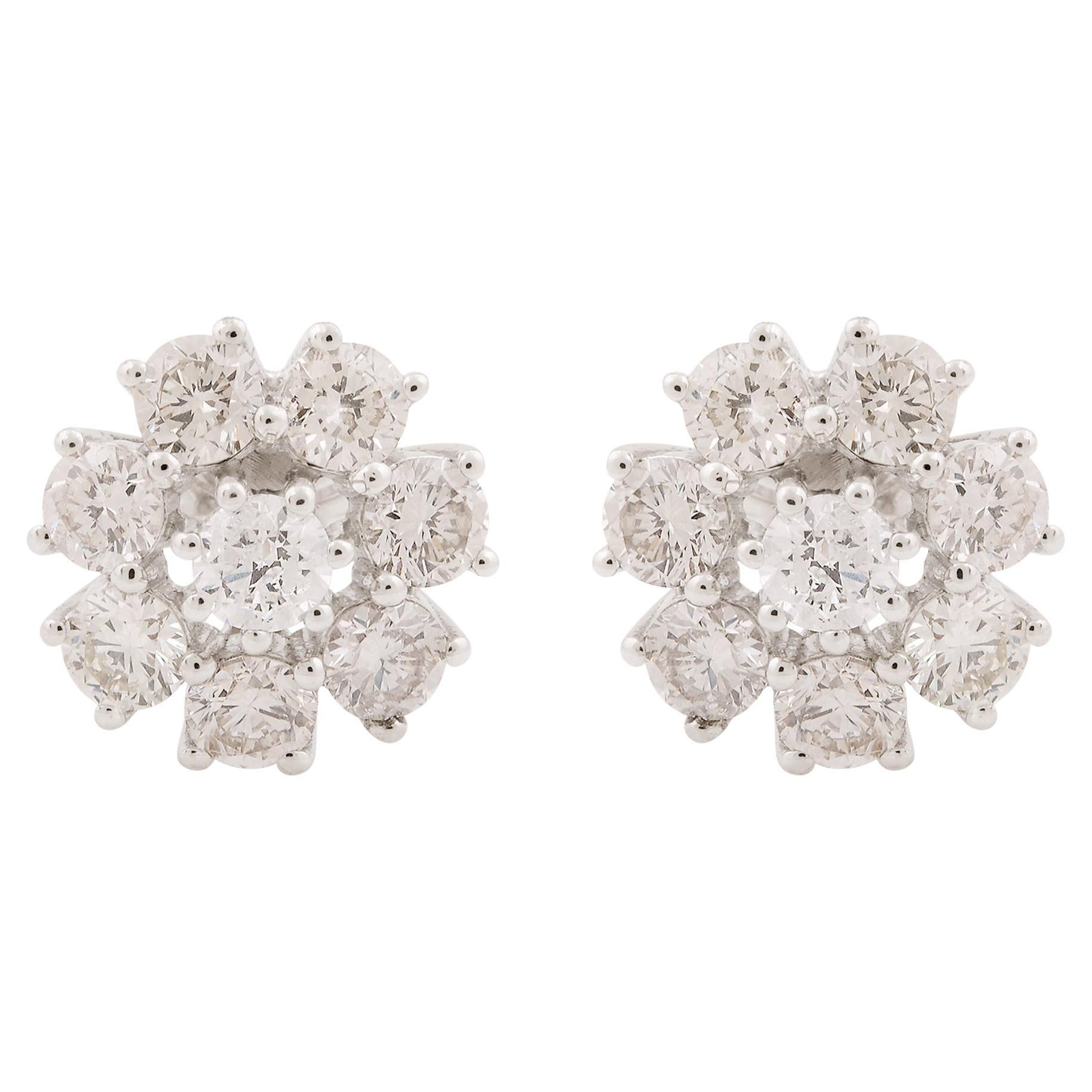 Clous d
oreilles florales en or blanc 14 carats avec diamants de 1,83 carat de pureté SI et de couleur hi-colore