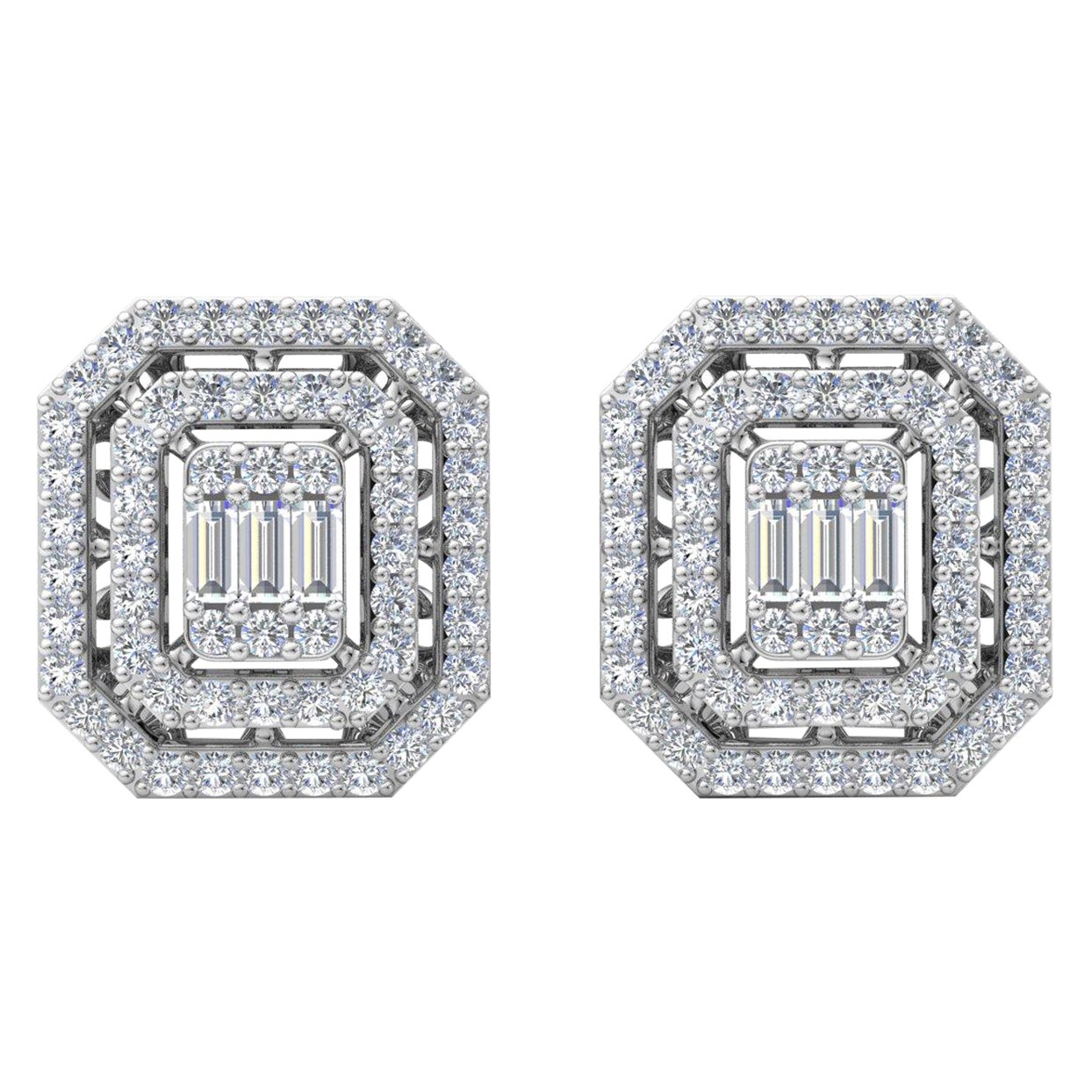 Real 1.85 Carat SI/HI Baguette & Round Diamond Stud Earrings 10 Karat White Gold