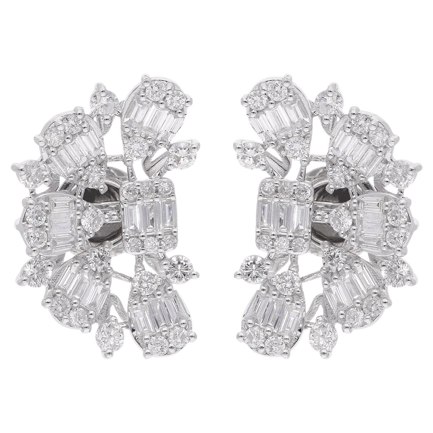 Real 1.86 Carat Baguette Diamond Half Moon Design Earrings 14 Karat White Gold For Sale