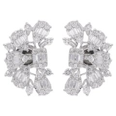Real 1.86 Carat Baguette Diamond Half Moon Design Earrings 14 Karat White Gold Real 1.86 Carat Baguette Diamond Half Moon Design Earrings 14 Karat White Gold