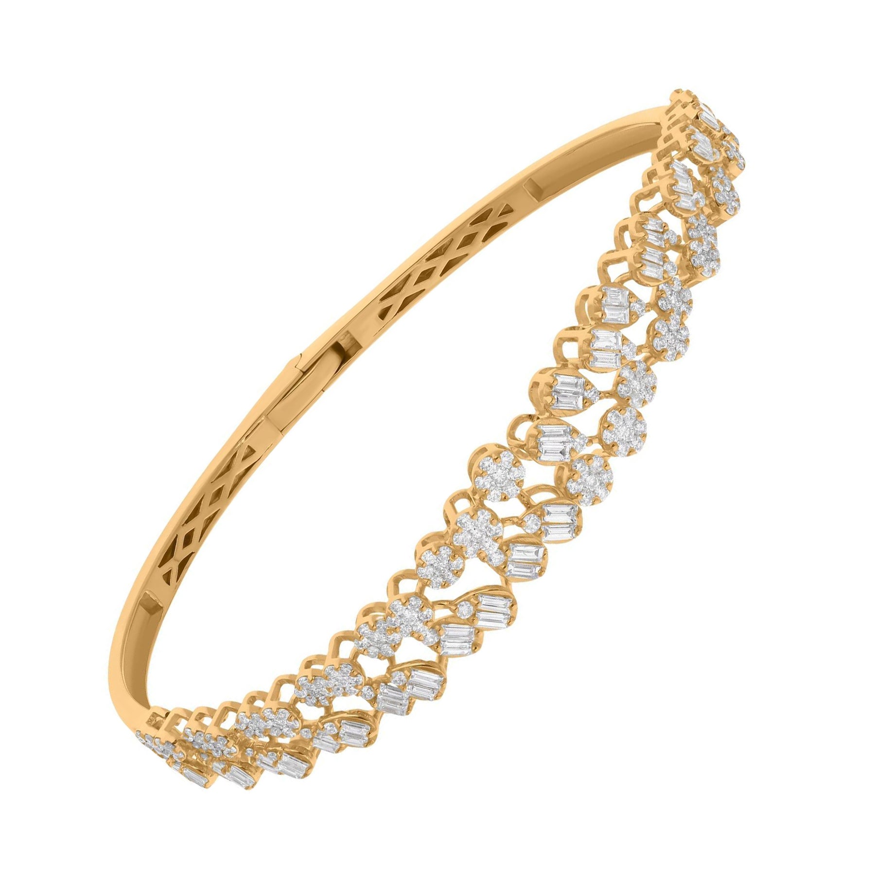 Real 1.87 Carat SI/H Baguette Round Diamond Bangle Bracelet 14 Karat Yellow Gold