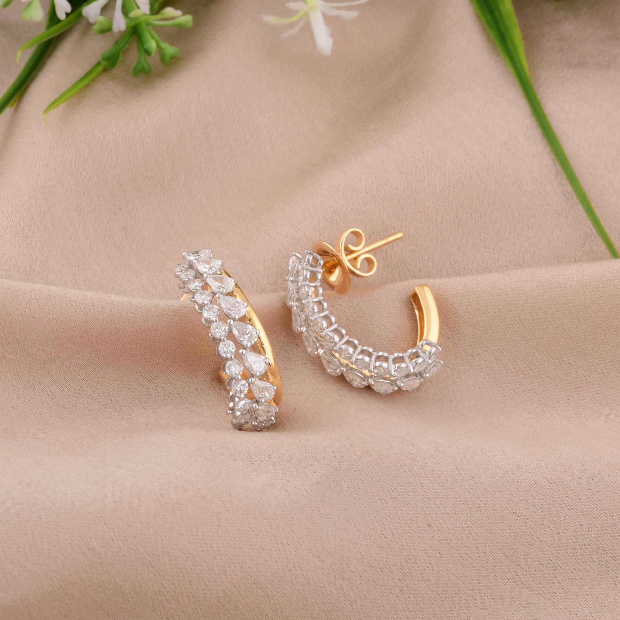 Pear Cut Real 1.88 Carat SI/H Pear Round Diamond Hoop Earrings 18 Karat Yellow White Gold For Sale