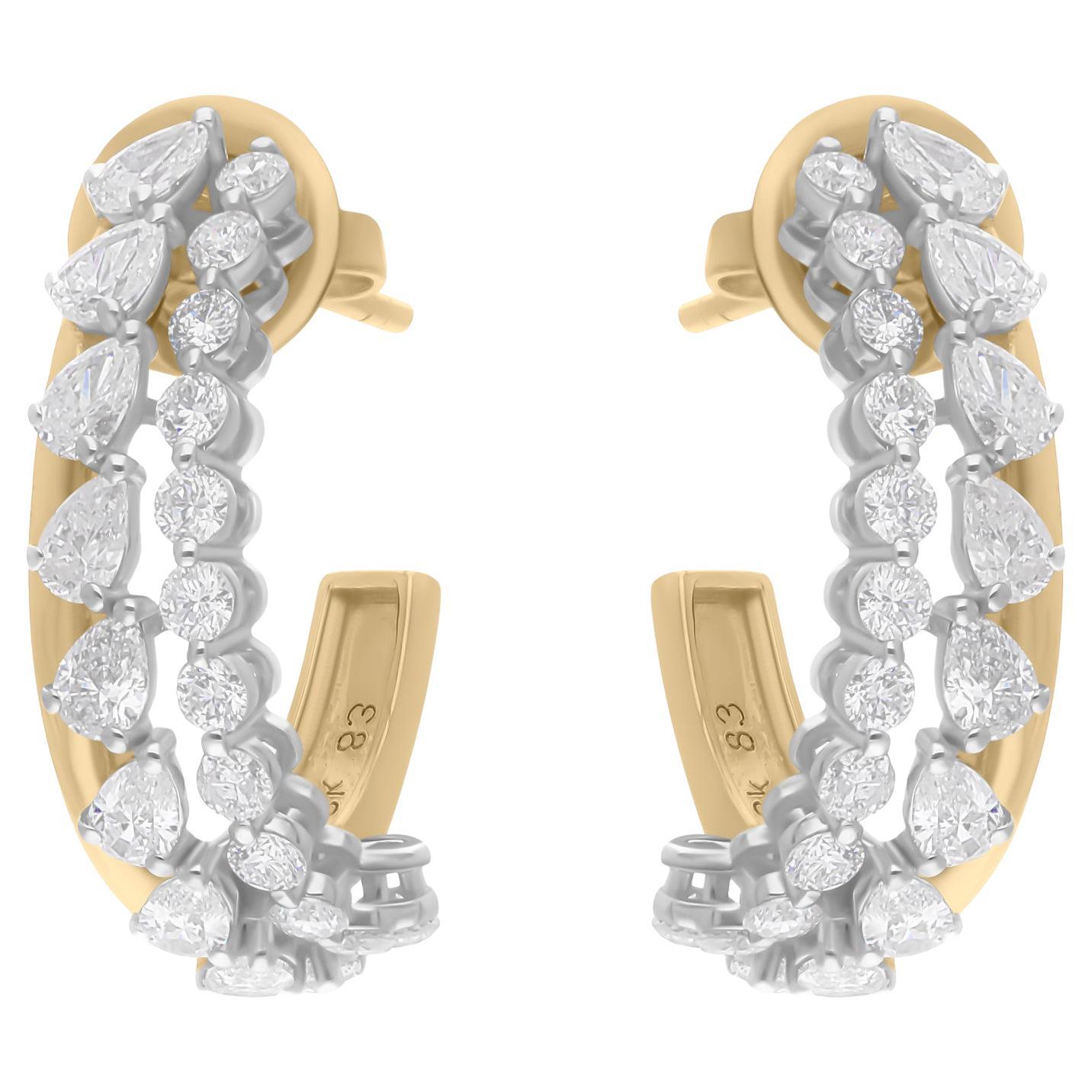 Real 1.88 Carat SI/H Pear Round Diamond Hoop Earrings 18 Karat Yellow White Gold