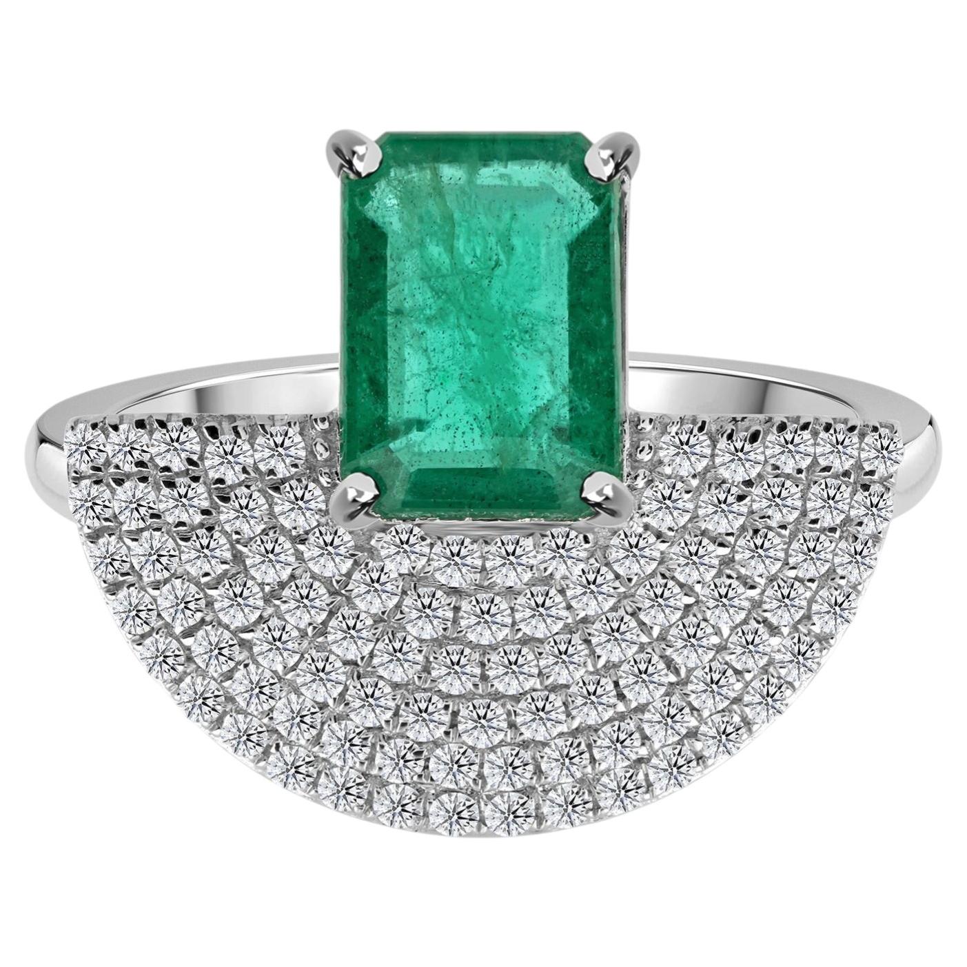 Real 1.88 Carat Zambian Emerald 0.60 Carat SI/H Diamond Ring 18 Karat White Gold