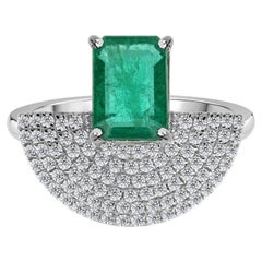 Anillo de oro blanco de 18 quilates con una esmeralda auténtica de Zambia de 1,88 quilates y un diamante SI/H de 0,60 quilates