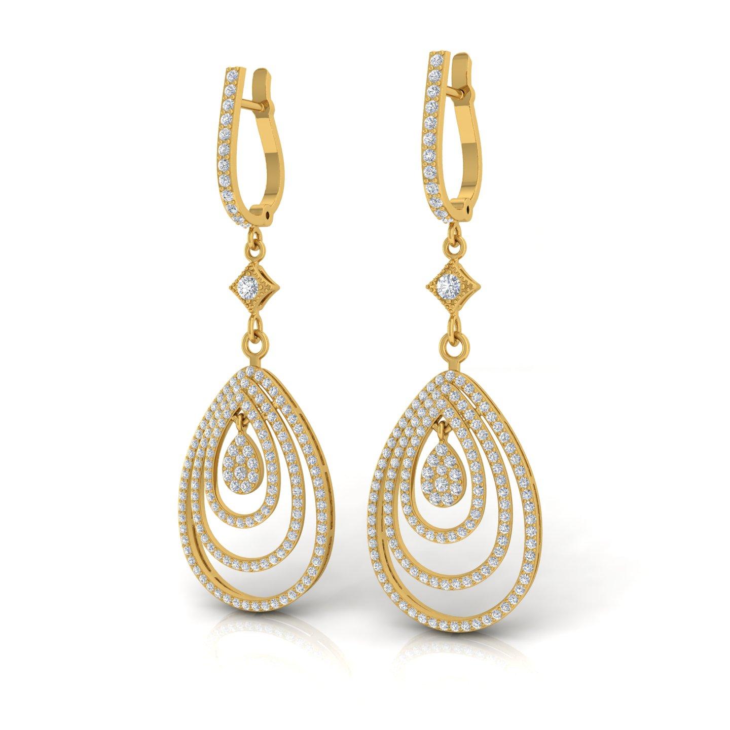Taille ronde Boucles d'oreilles pendantes en or jaune 14k avec un vrai diamant de 1.90 carat SI Clarity en vente