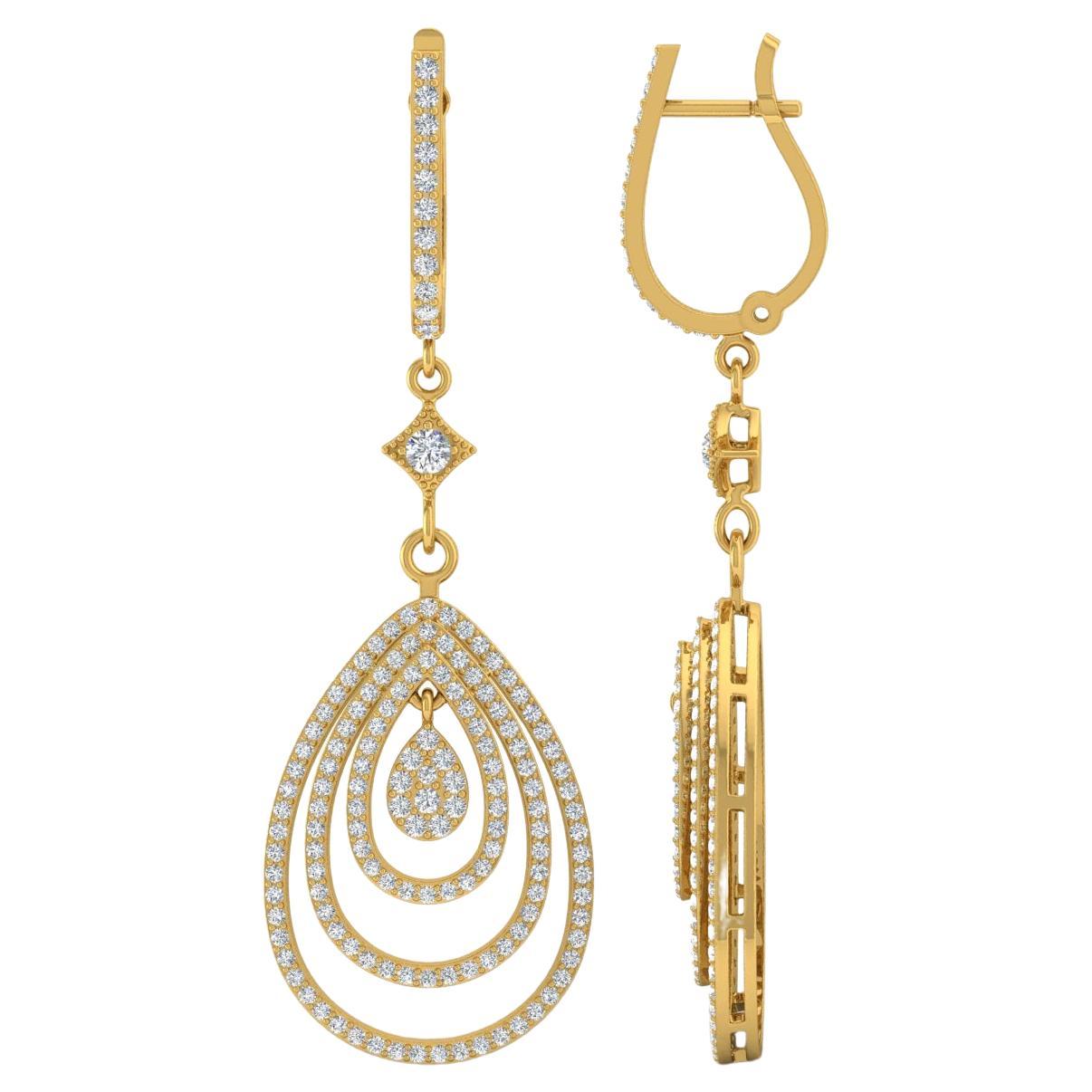 Boucles d'oreilles pendantes en diamant véritable de 1,90 carat, pureté SI, couleur HI, en or jaune 14 carats.