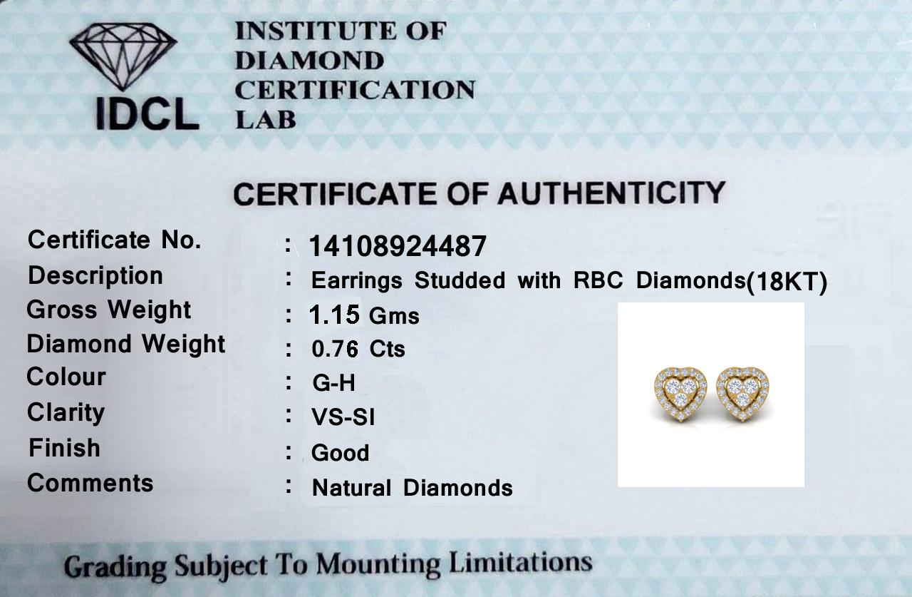 Round Cut Real 1.95 Carat SI/HI Diamond Heart Stud Earrings 18k Yellow Gold Fine Jewelry For Sale