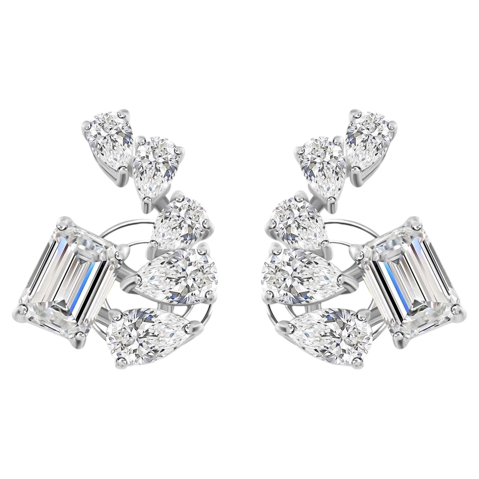 Real 1.97 Carat SI/H Pear Emerald Cut Diamond Stud Earrings 18 Karat White Gold
