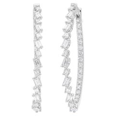 Real 1.97 Carat SI/H Round Emerald Cut Diamond Hoop Earrings 18 Karat White Gold