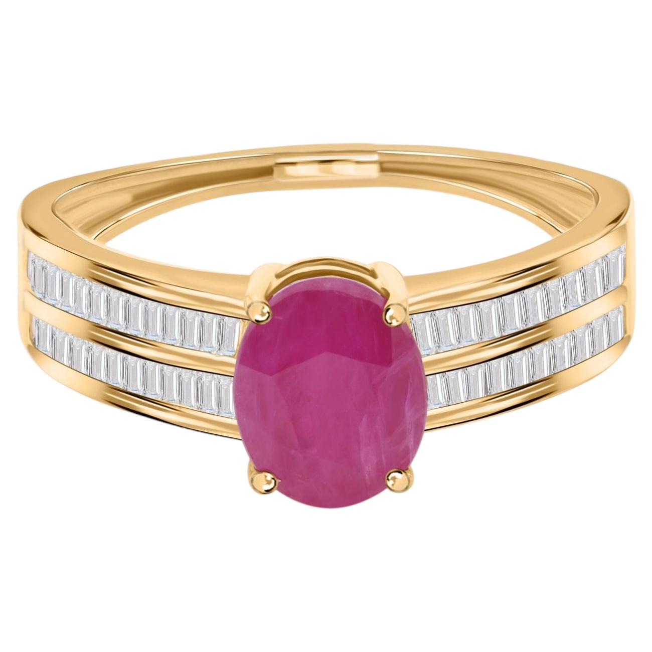Real 1.99 Carat Ruby Gemstone 0.42 Carat SI/H Diamond Ring 14 Karat Yellow Gold