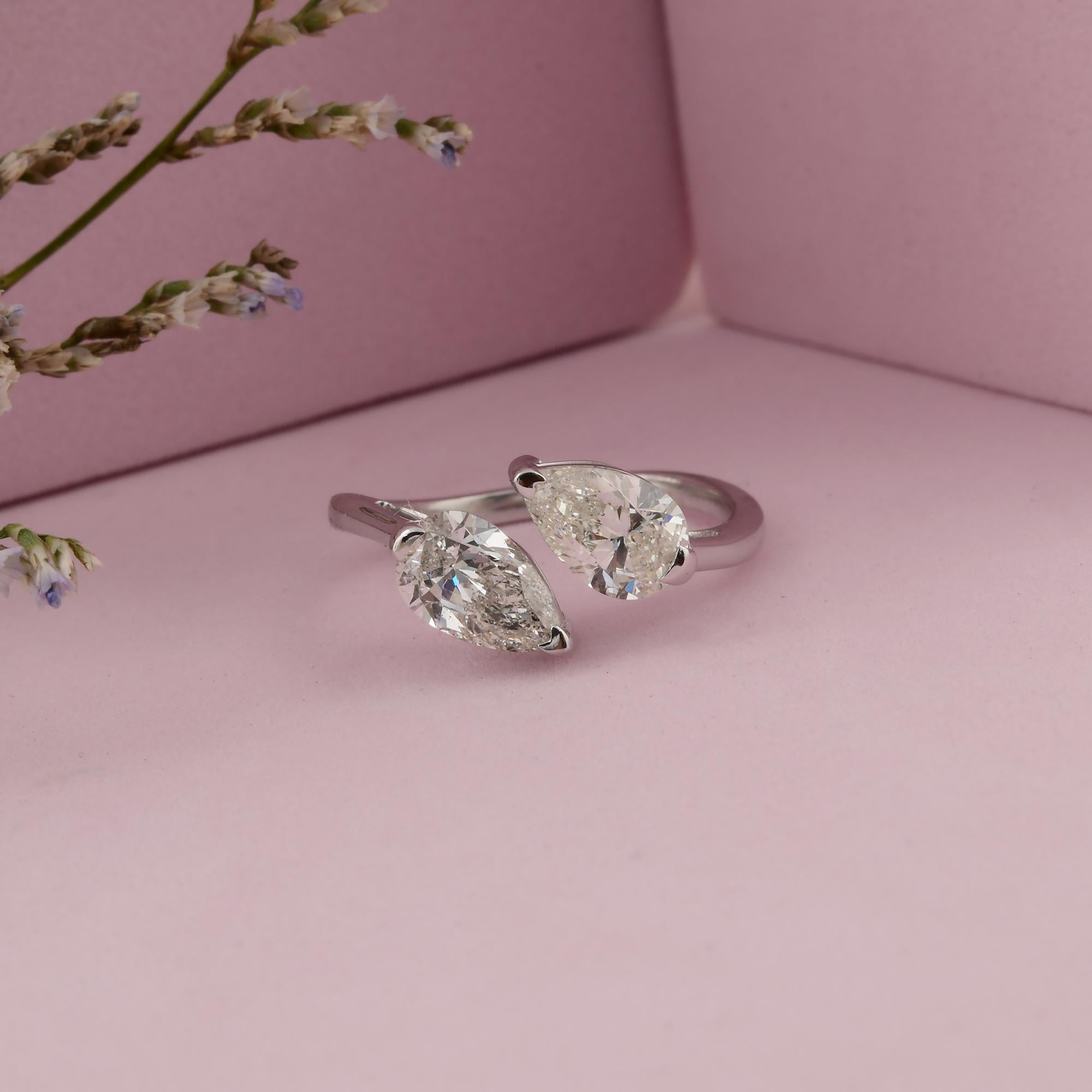 Pear Cut Real 2 Carat Pear Shape Diamond Cuff Ring 14 Karat White Gold Handmade Jewelry For Sale