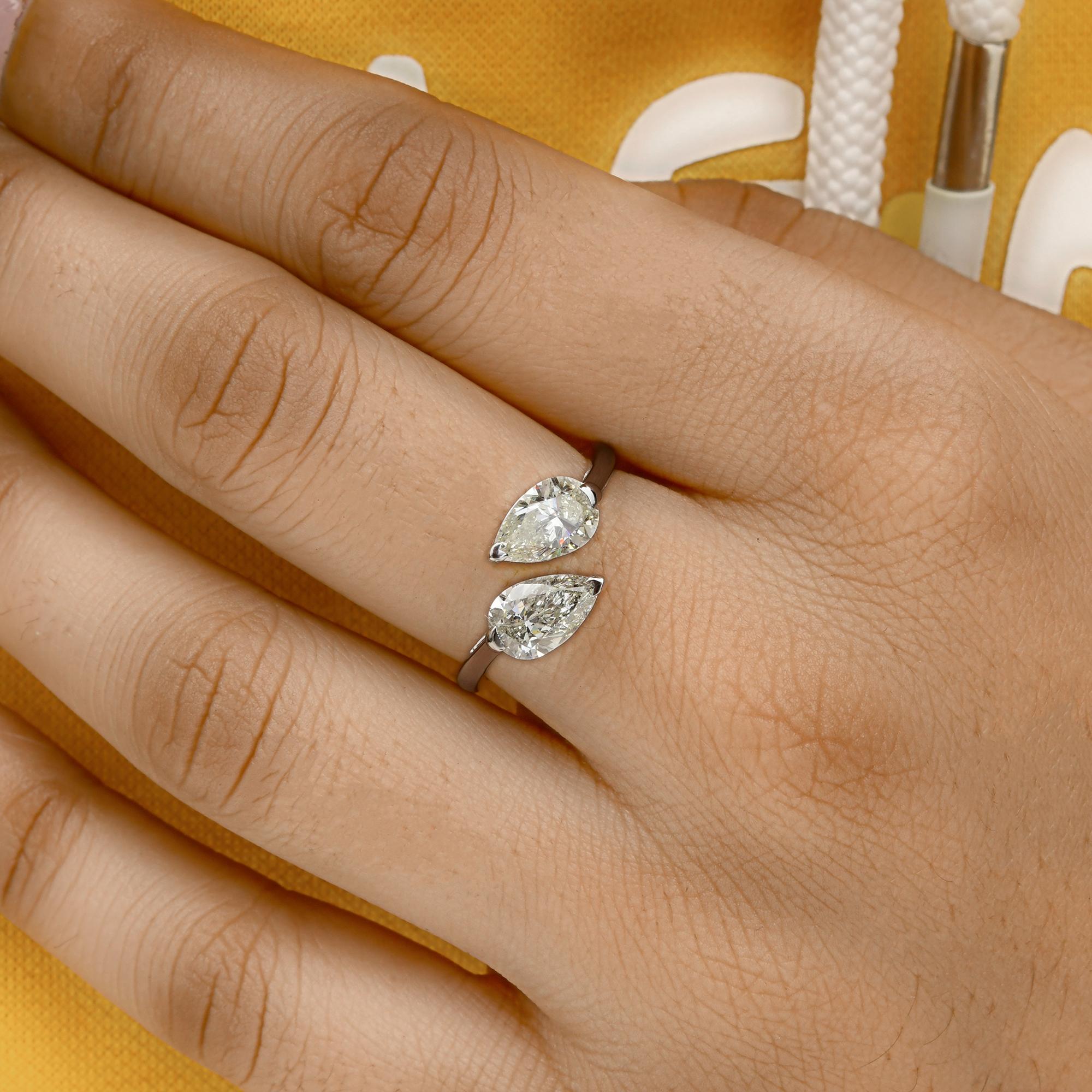 Real 2 Carat Pear Shape Diamond Cuff Ring 14 Karat White Gold Handmade Jewelry In New Condition For Sale In Diera, Dubai