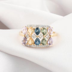 Real 2.01 Carat Multi Sapphire 0.25 Carat SI/H Diamond Ring 14 Karat Yellow Gold