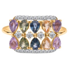 Real 2.01 Carat Multi Sapphire 0.25 Carat SI/H Diamond Ring 14 Karat Yellow Gold
