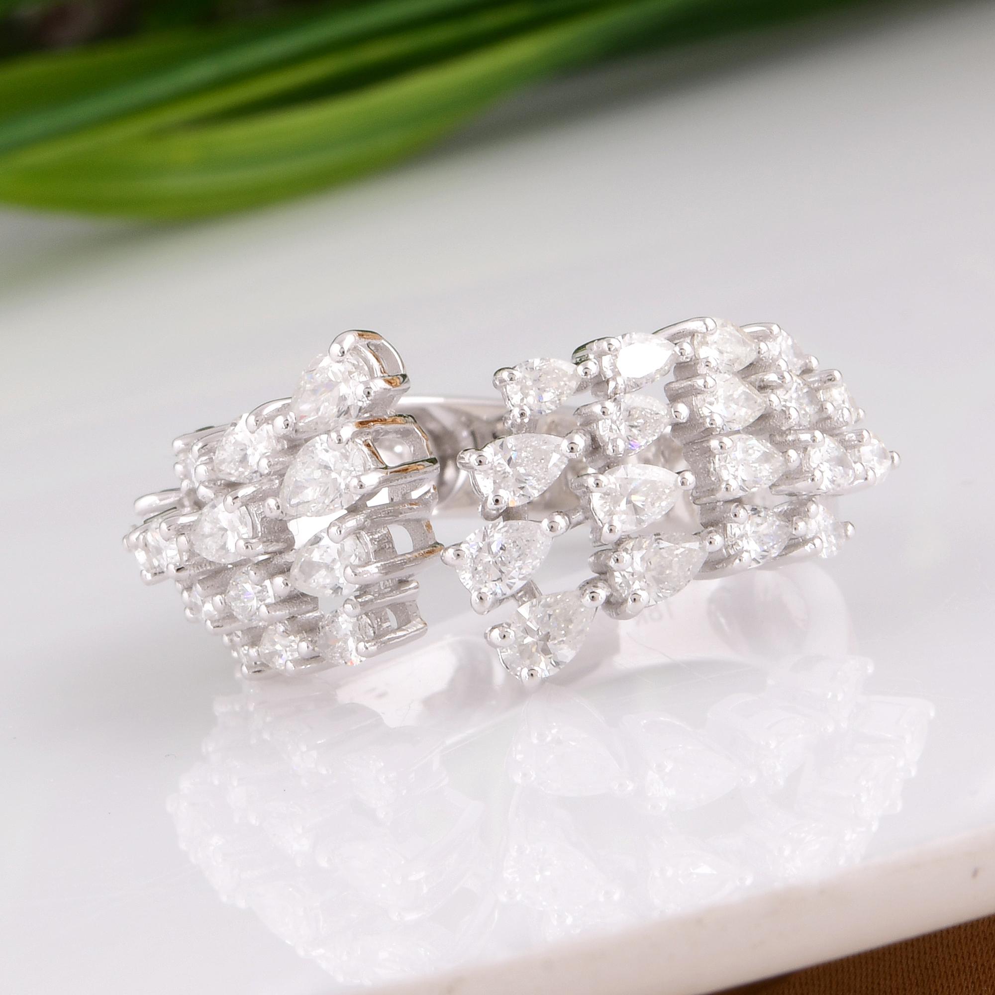 Modern Real 2.07 Carat SI Clarity HI Color Pear Diamond Cuff Ring 18 Karat White Gold For Sale