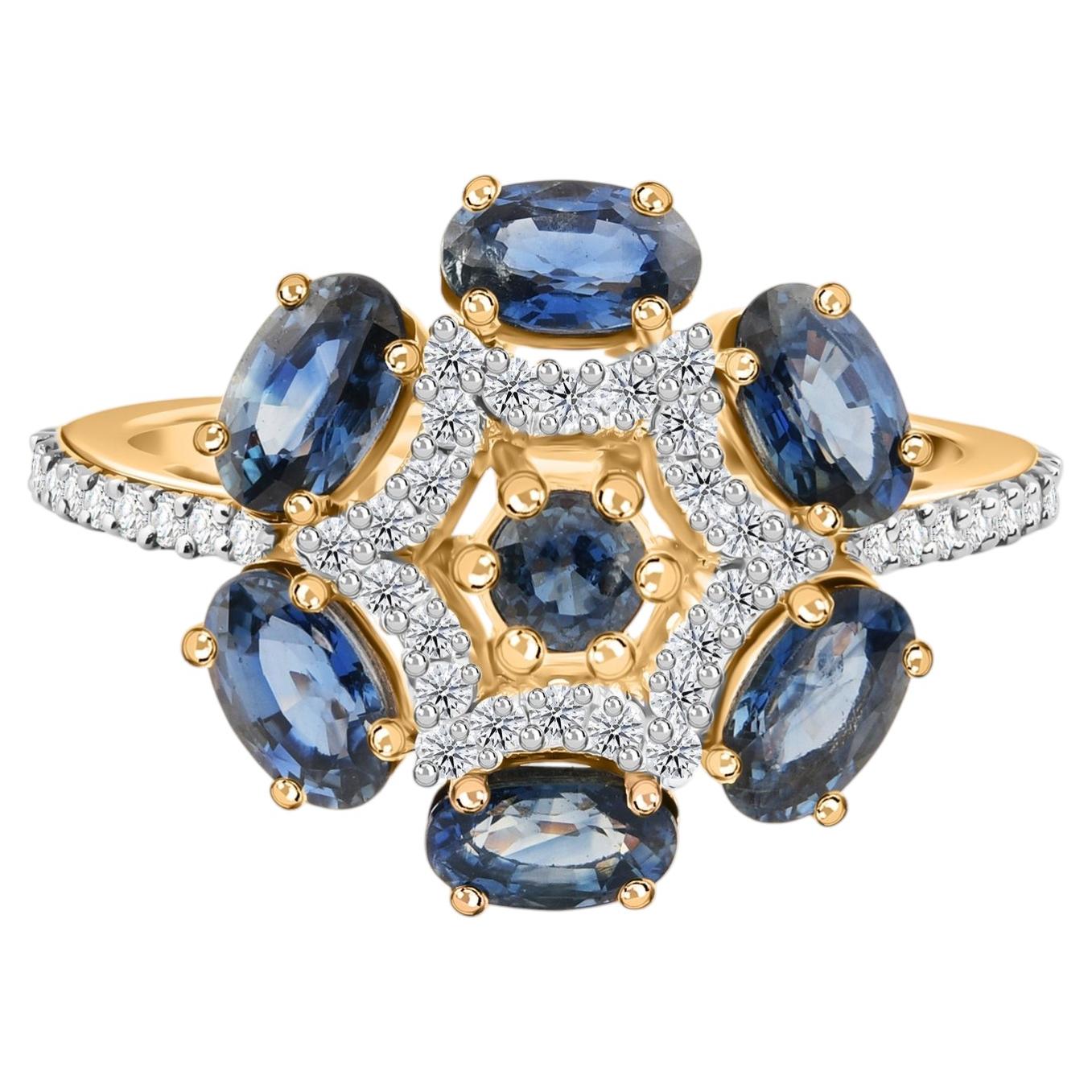 Vero zaffiro blu da 2,10 carati 0,29 carati SI/H Anello di diamanti in oro giallo 14 carati