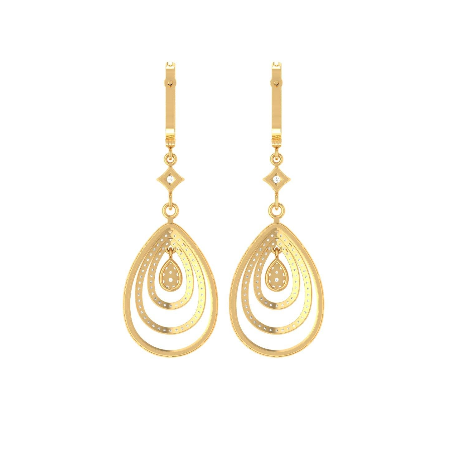 Modern Real 2.10 Carat Pave Diamond Dangle Earrings 10 Karat Yellow Gold Fine Jewelry For Sale
