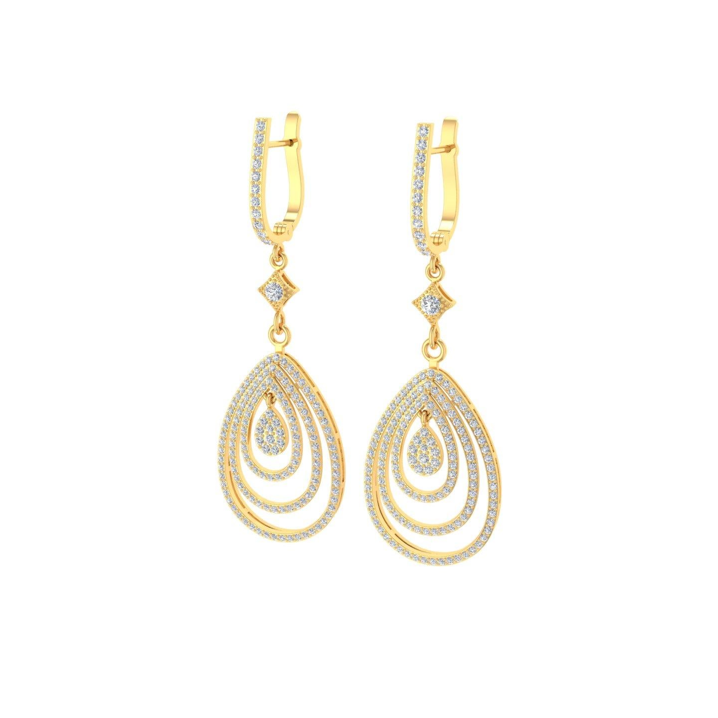 Taille ronde Boucles d'oreilles pendantes en or jaune 10 carats avec diamant pavé de 2,10 carats véritable en vente