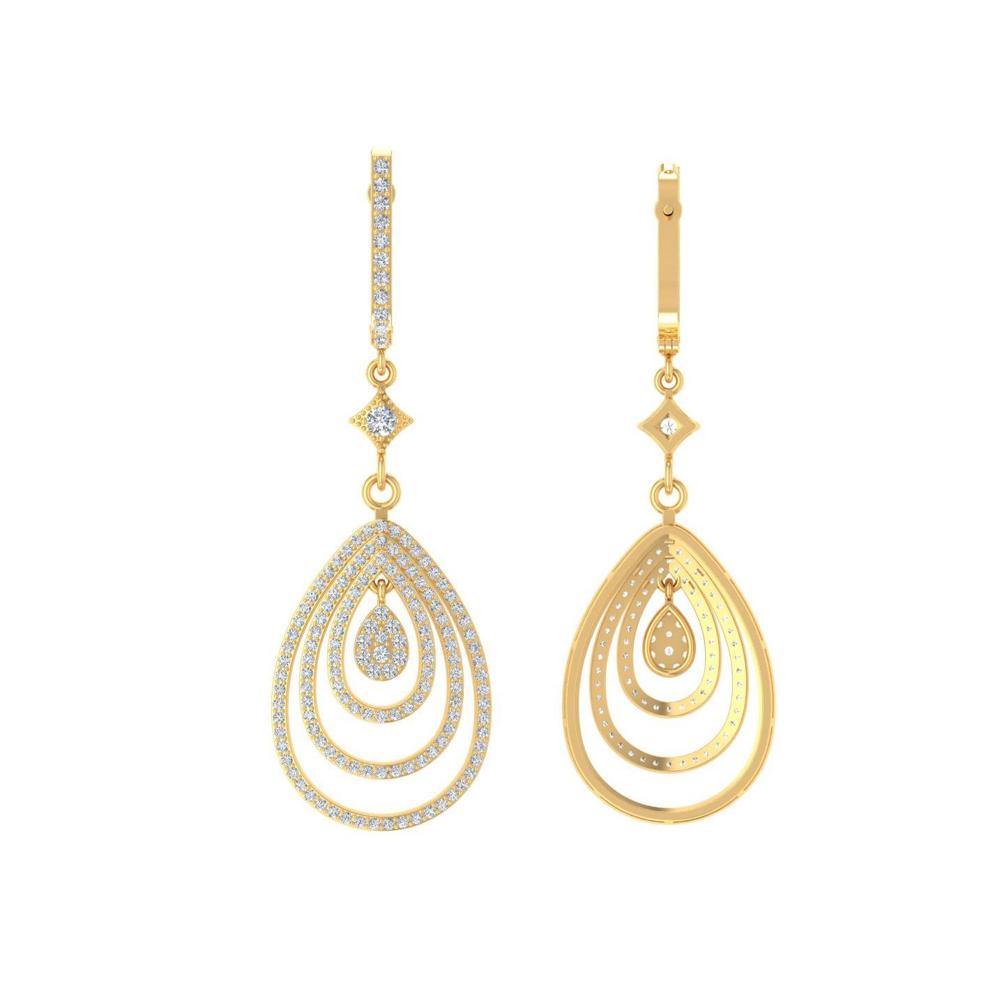Women's Real 2.10 Carat Pave Diamond Dangle Earrings 10 Karat Yellow Gold Fine Jewelry For Sale