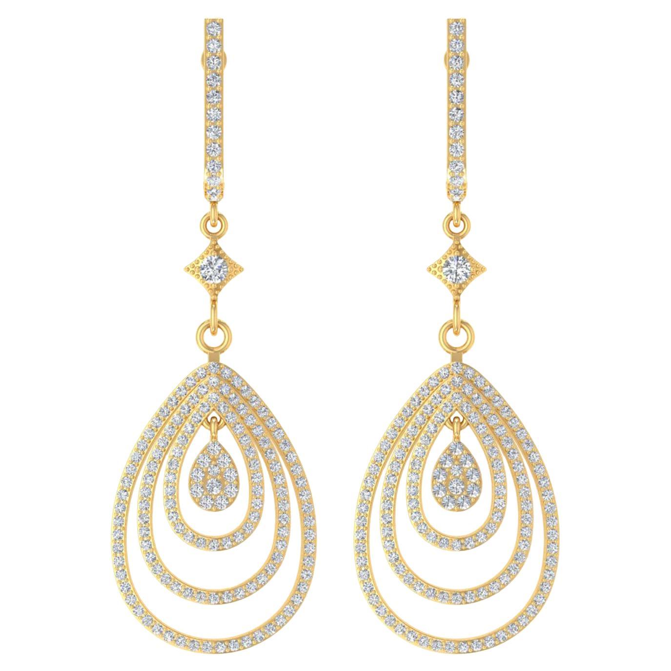 Boucles d
oreilles pendantes en or jaune 10 carats avec diamant pavé de 2,10 carats véritable