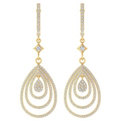 Real 2.10 Carat Pave Diamond Dangle Earrings 10 Karat Yellow Gold Fine Jewelry
