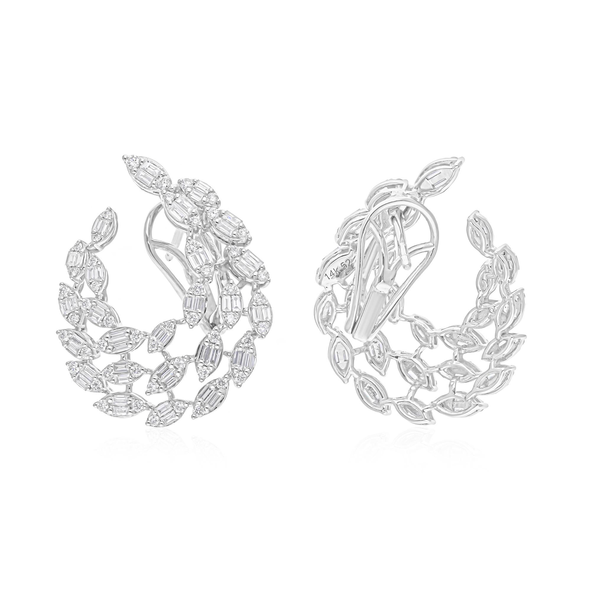 Baguette Cut Real 2.10 Carat SI/H Baguette Round Diamond Earrings 14 Karat White Gold Jewelry For Sale