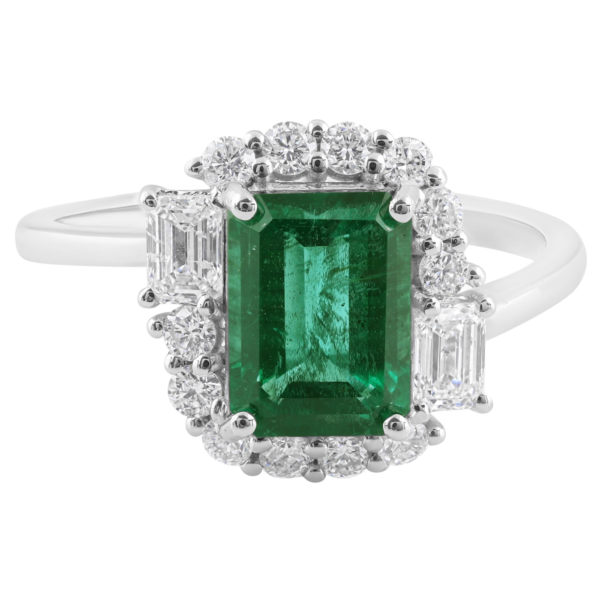 Real 2.11 Carat Zambian Emerald 0.63 Carat SI/H Diamond 14 Karat White Gold Ring
