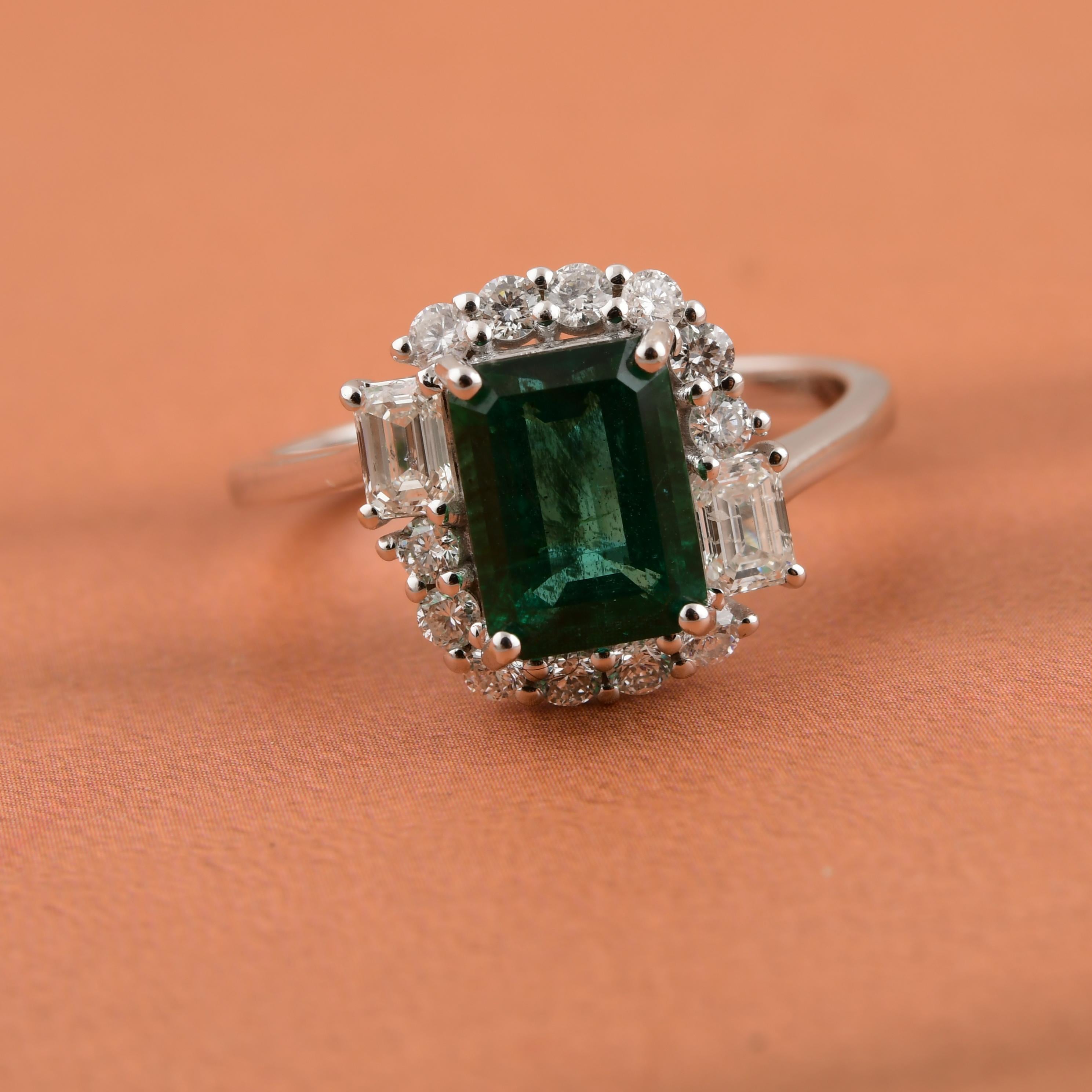Octagon Cut Real 2.11 Carat Zambian Emerald 0.63 Carat SI/H Diamond 18 Karat White Gold Ring For Sale