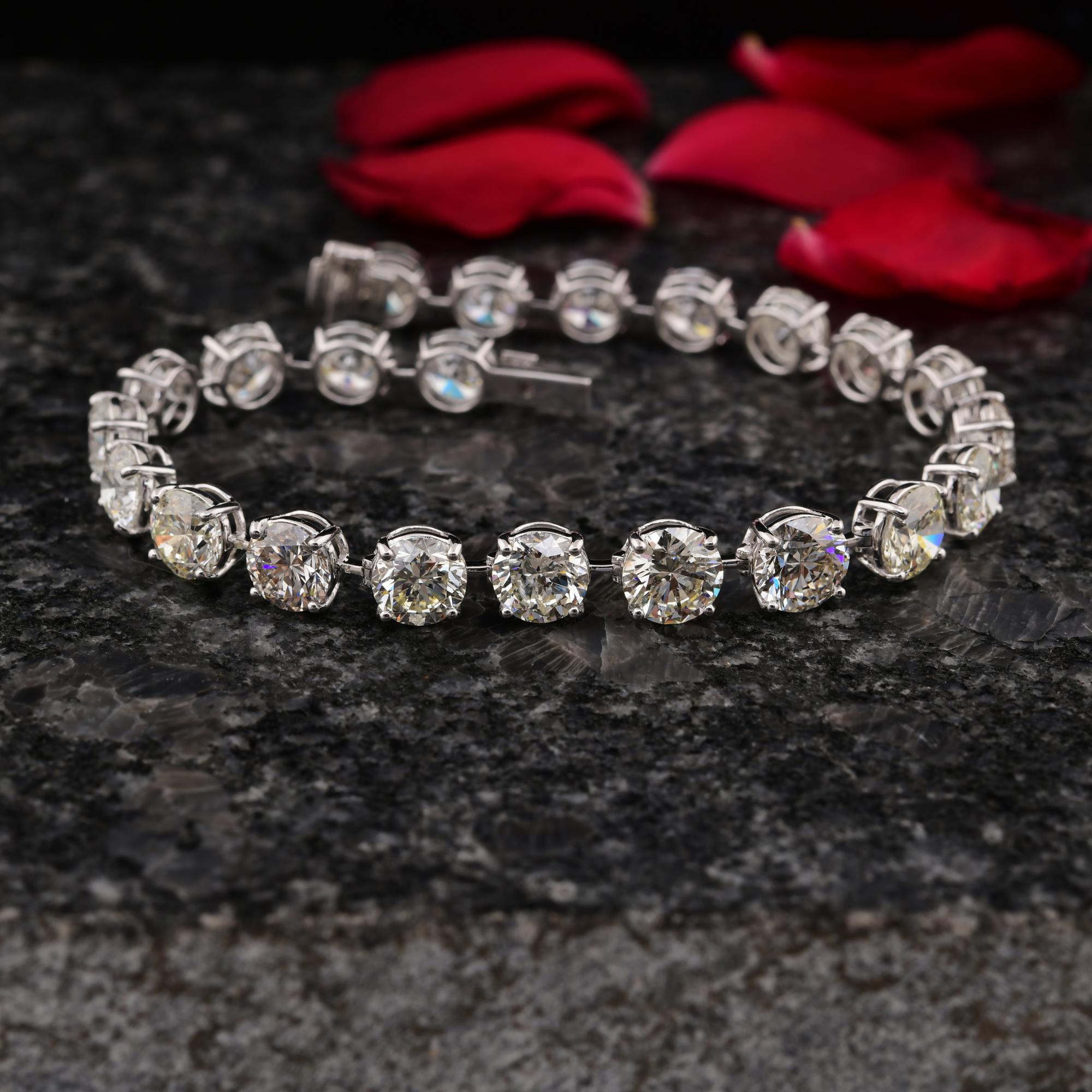 Round Cut Real 21.35 Carat SI/H Round Brilliant Cut Diamond Bracelet 14 Karat White Gold For Sale
