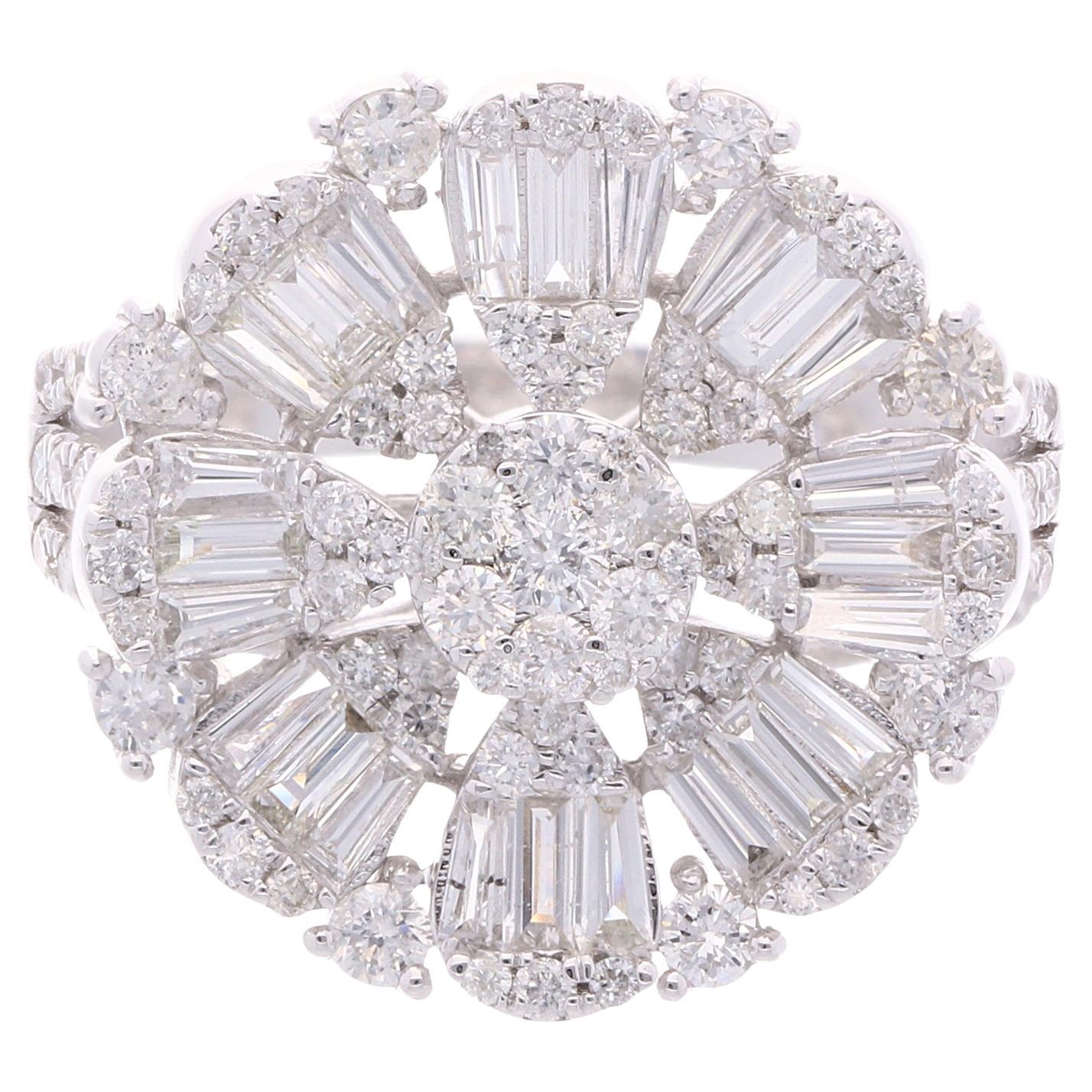 Real 2.15 Carat SI/H Baguette Diamond Cocktail Ring 18 Karat White Gold Jewelry