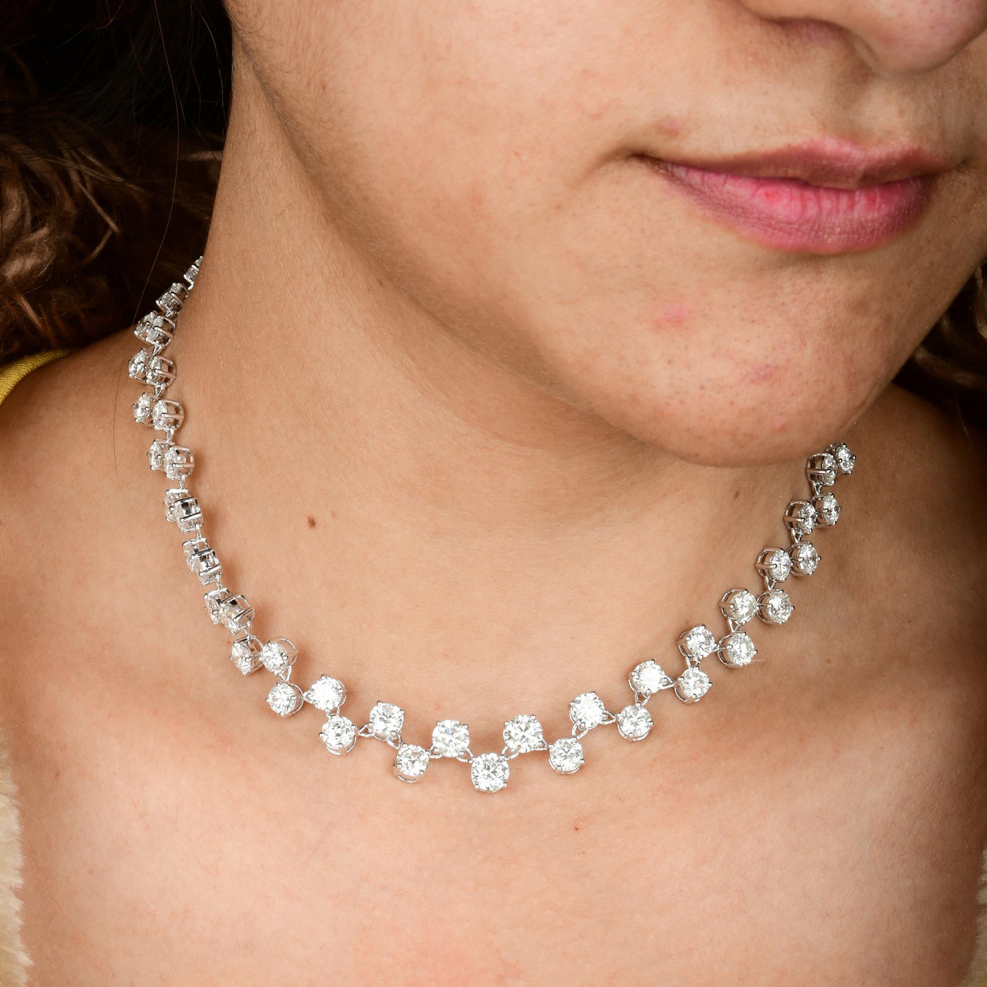 Women's Real 21.54 Carat Diamond Zig Zag Necklace 18 Karat White Gold Handmade Jewelry For Sale