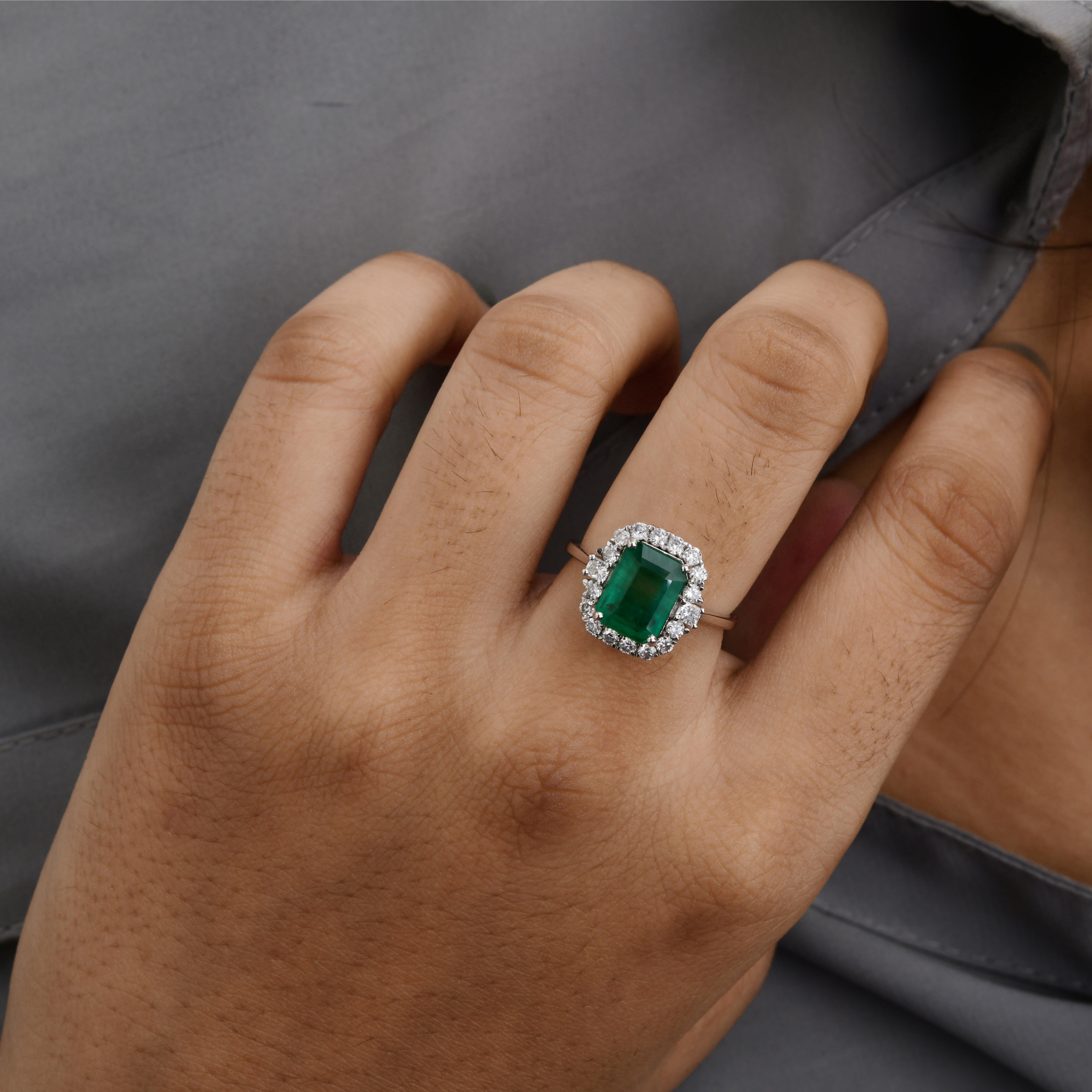 Octagon Cut Real 2.22 Carat Zambian Emerald Ring 0.57 Carat SI/H Diamond 14 Karat White Gold For Sale