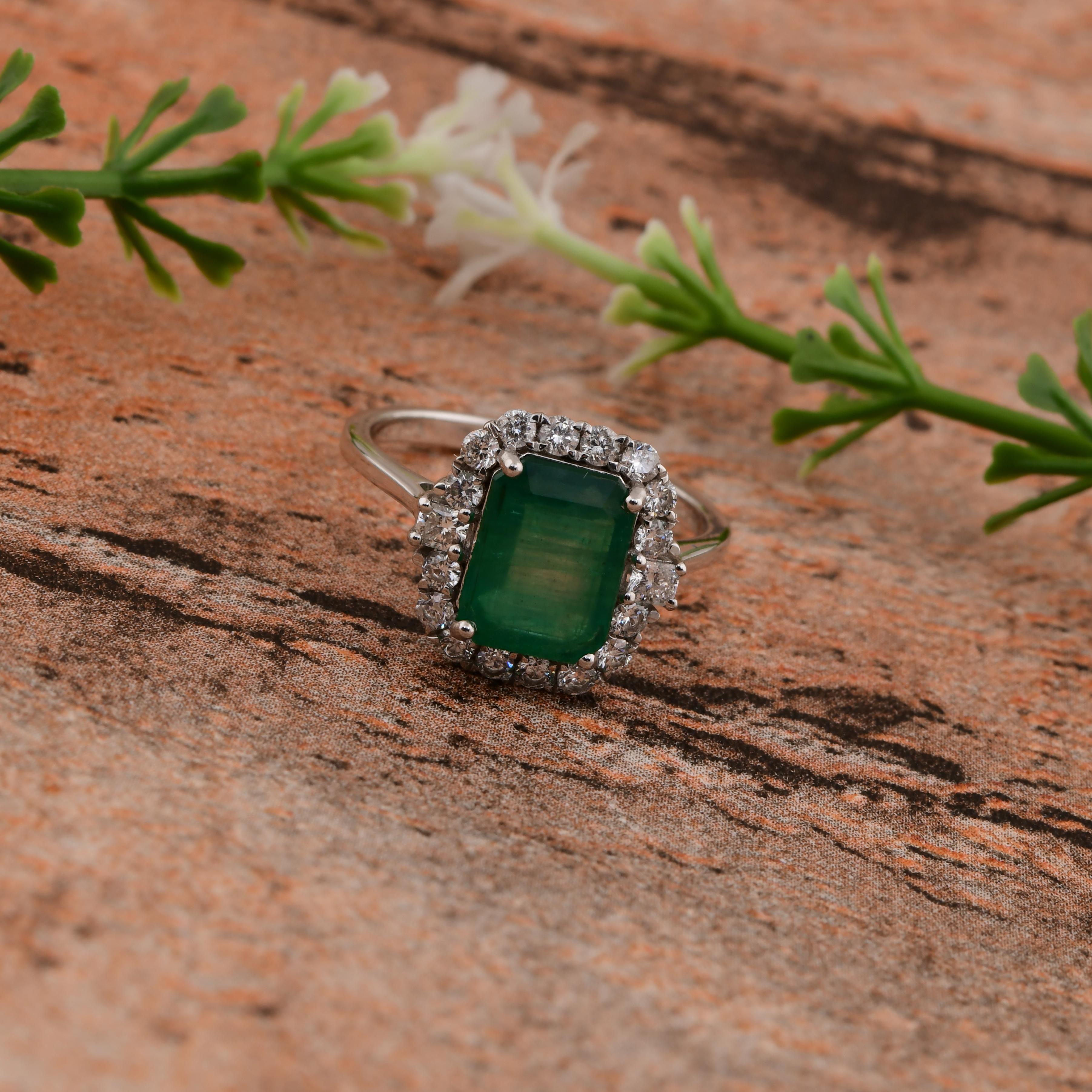 Women's Real 2.22 Carat Zambian Emerald Ring 0.57 Carat SI/H Diamond 14 Karat White Gold For Sale