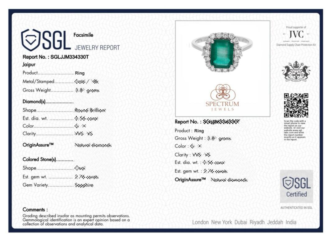 Real 2.22 Carat Zambian Emerald Ring 0.57 Carat SI/H Diamond 14 Karat White Gold For Sale 2