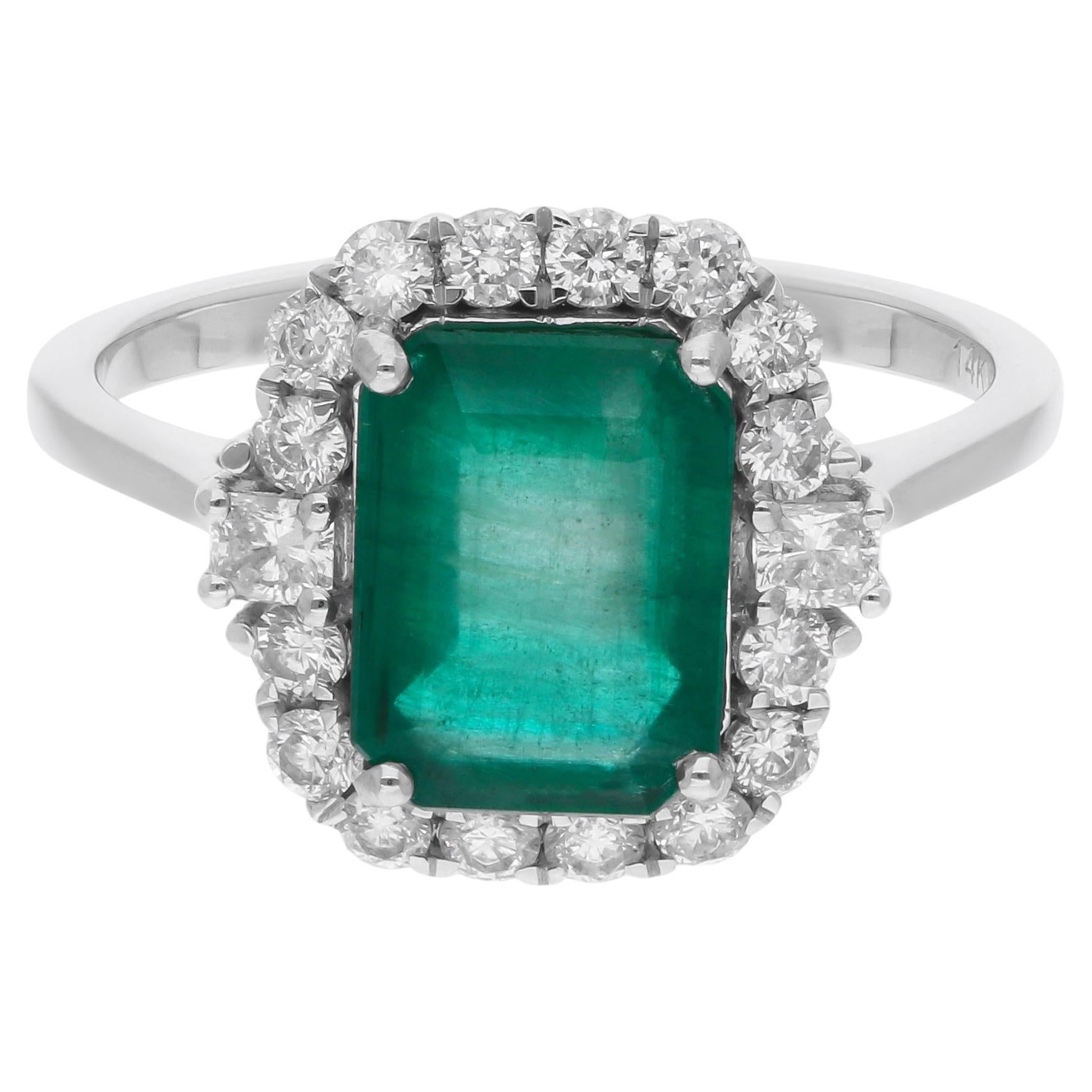 Bague réelle en or blanc 14 carats avec émeraude de Zambie de 2,22 carats et diamants de 0,57 carat SI/H