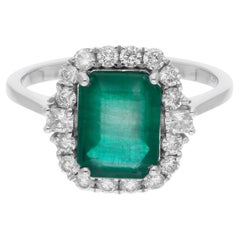 Real 2.22 Carat Zambian Emerald Ring 0.57 Carat SI/H Diamond 14 Karat White Gold