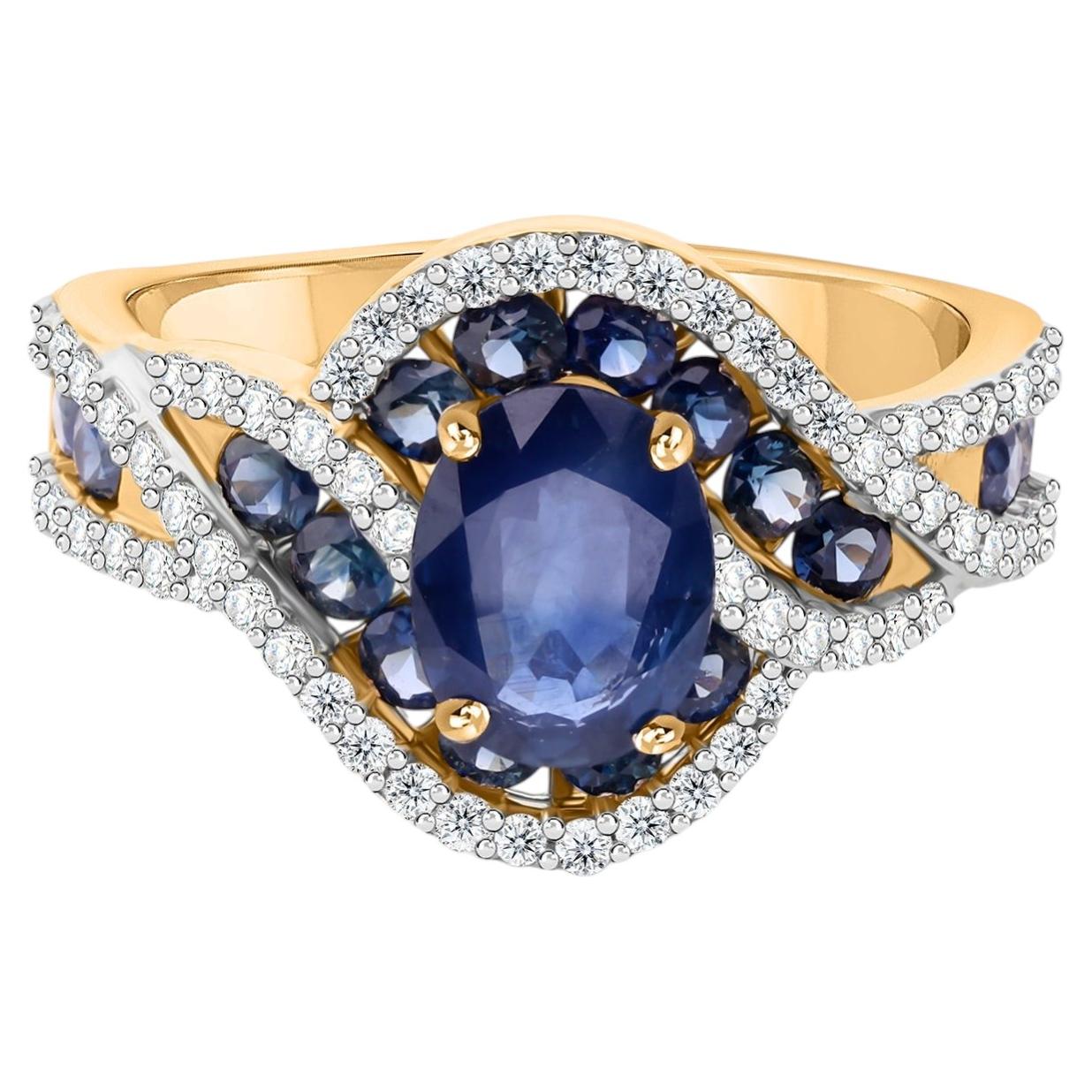 Real 2.30 Carat Blue Sapphire 0.46 Carat SI/H Diamond Ring 14 Karat Yellow Gold