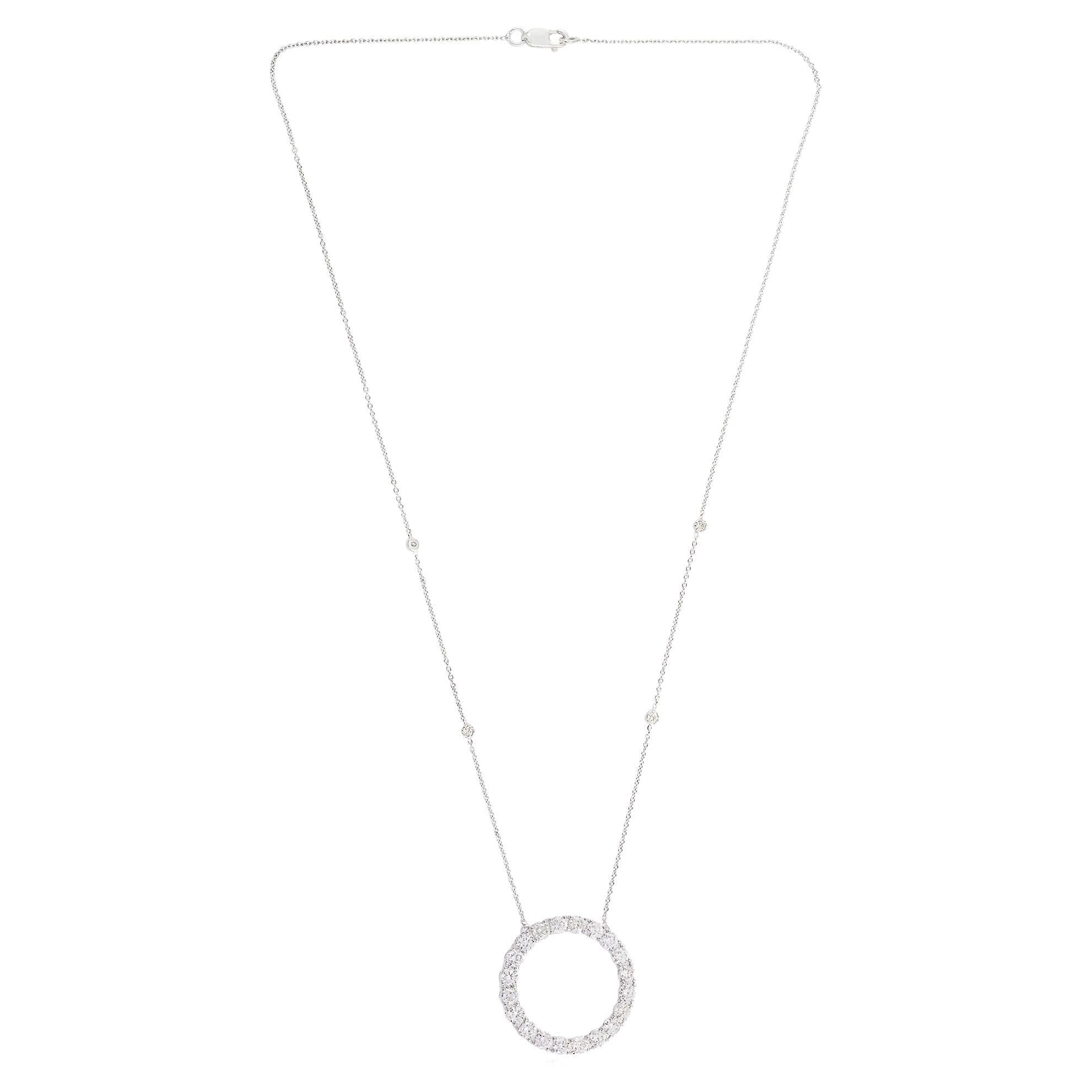 Real 2.30 Carat Pave Diamond Circle Charm Pendant Necklace 18 Karat White Gold For Sale