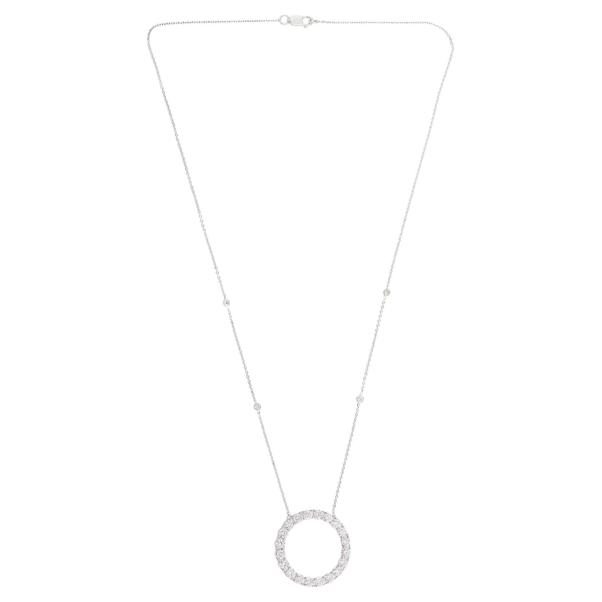 Real 2.30 Carat Pave Diamond Circle Charm Pendant Necklace 18 Karat White Gold