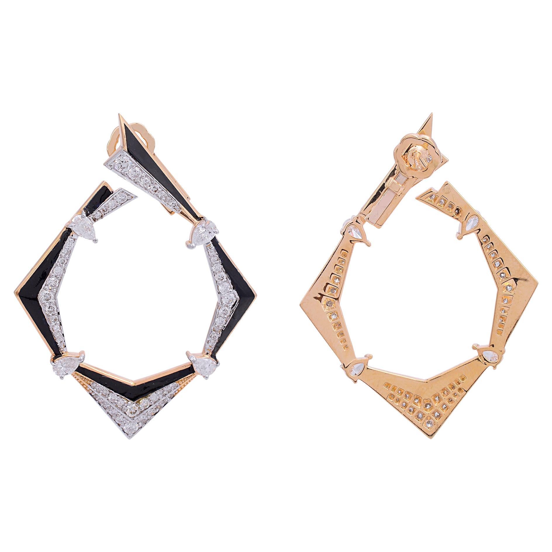 Real 2.35 Carat Diamond Pave Black Enamel Square Earrings 18 Karat Yellow Gold For Sale