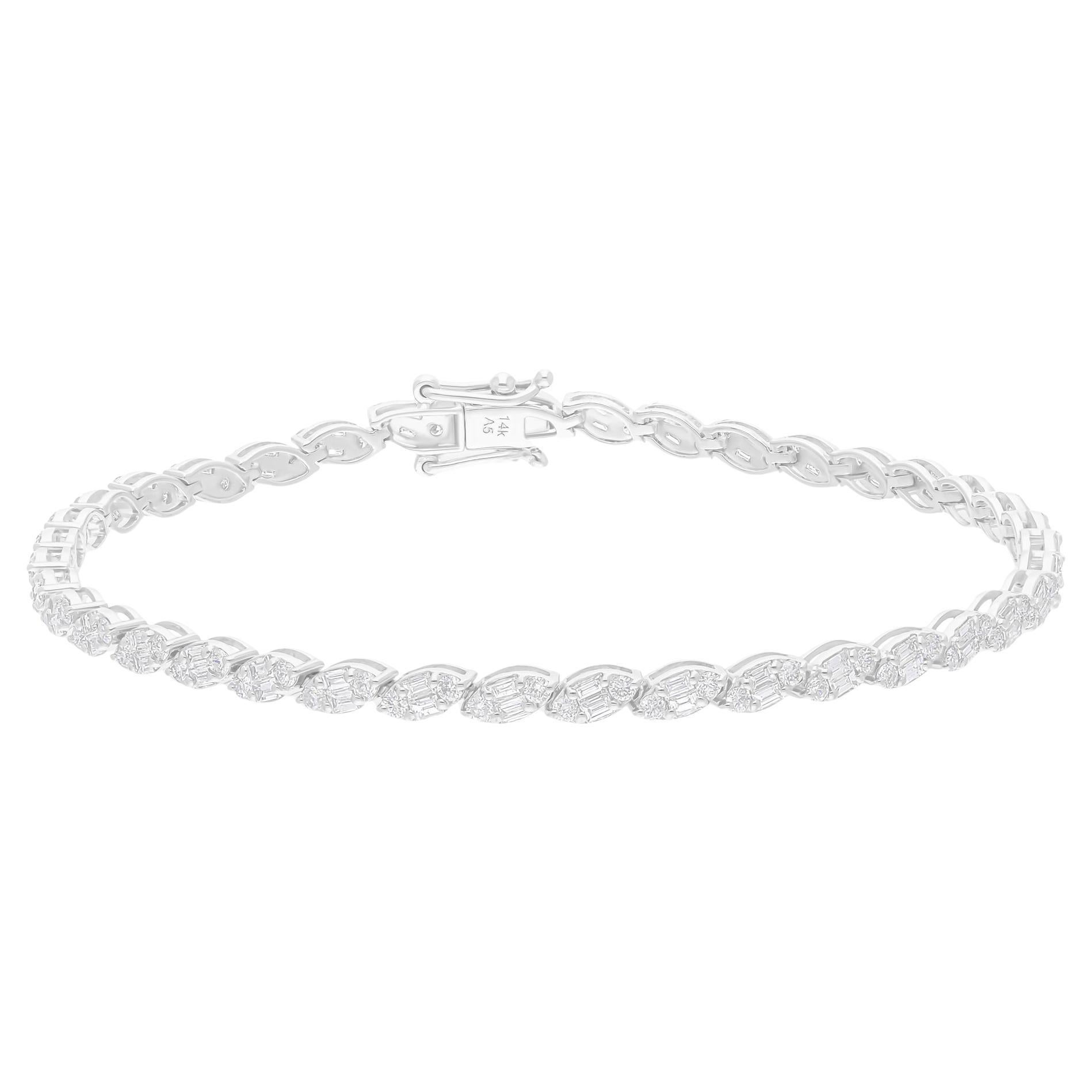 Bracciale con diamanti rotondi Baguette SI/H da 2,35 carati reali in oro bianco 14 carati