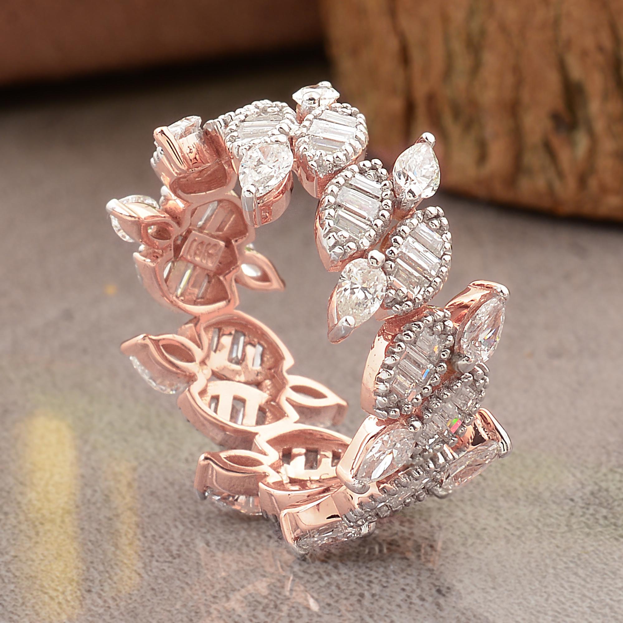Real 2.4 Carat SI Clarity HI Color Baguette Pear Diamond Band Ring 18k Rose Gold Corte baguette en venta